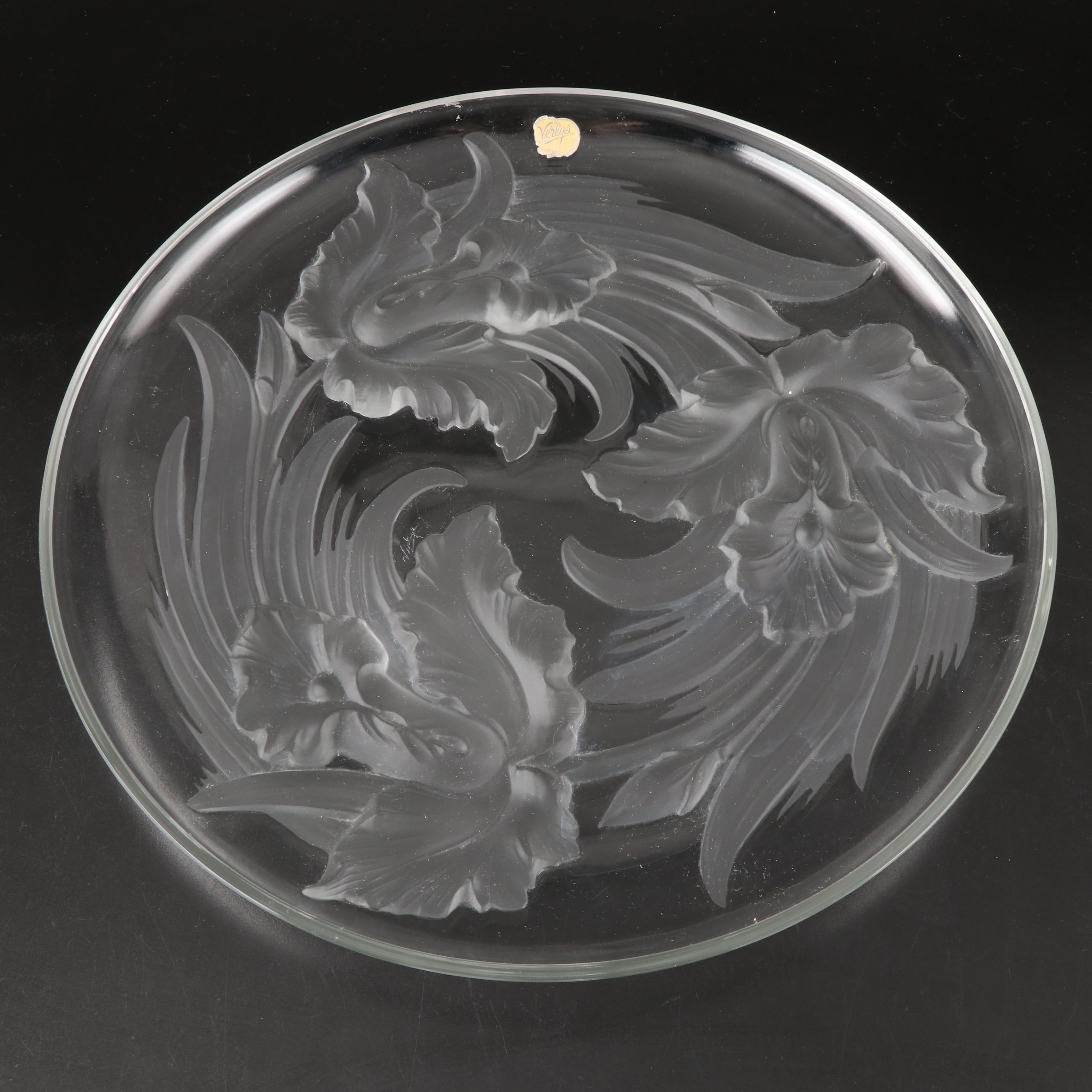 Verlys Floral Clear Frosted Glass Orchid Plate, Mid to Late 20th Century