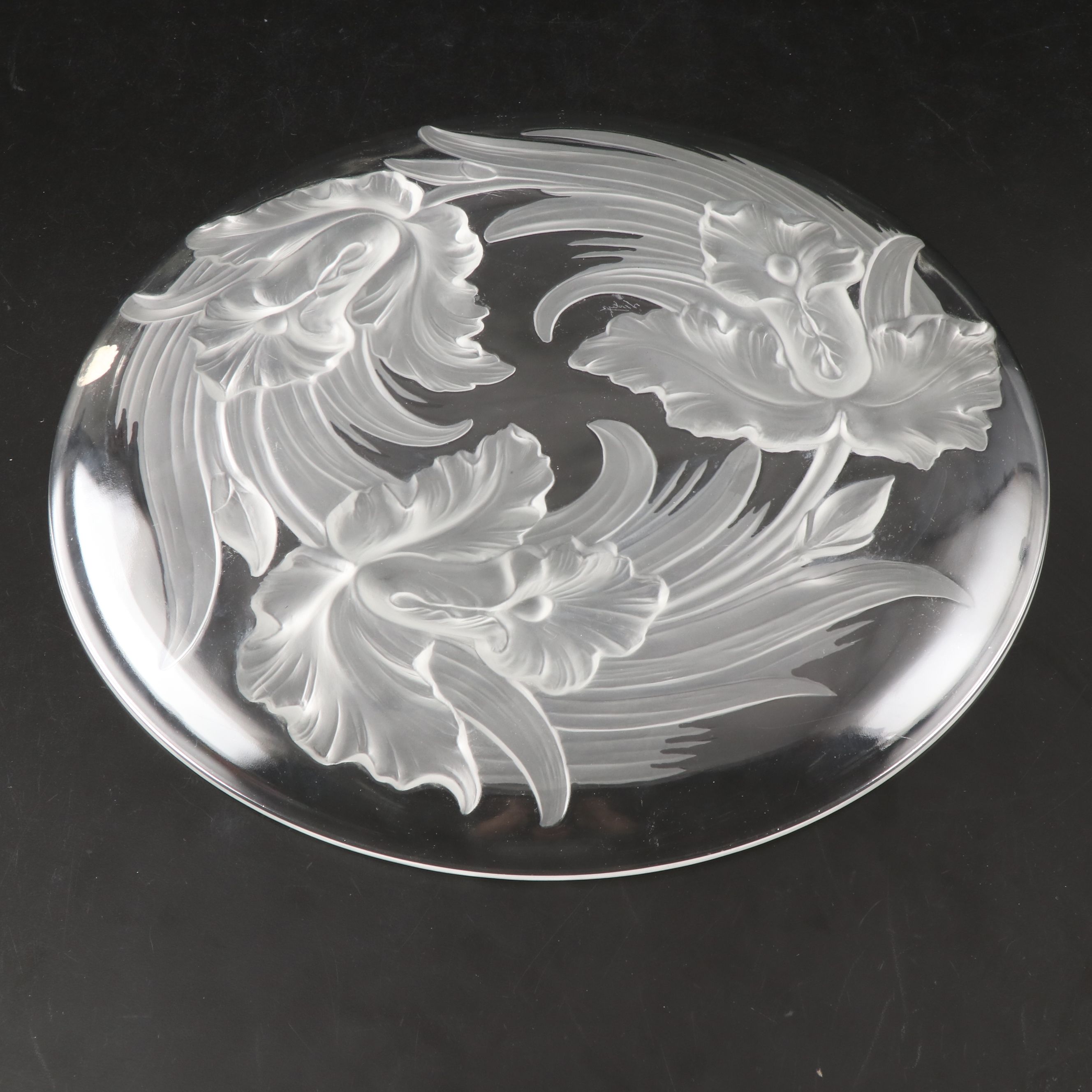 Verlys Floral Clear Frosted Glass Orchid Plate, Mid to Late 20th Century