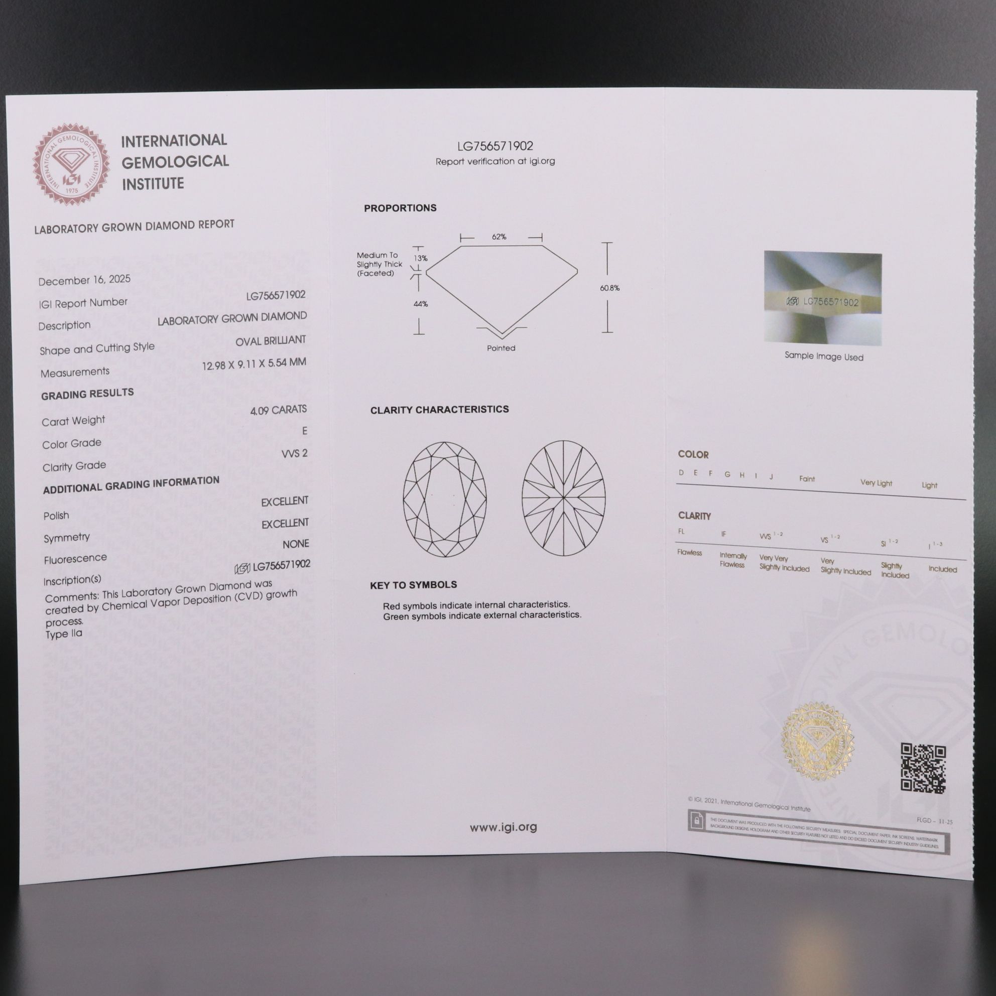 Loose 4.09 CT Lab Grown Diamond with IGI Report