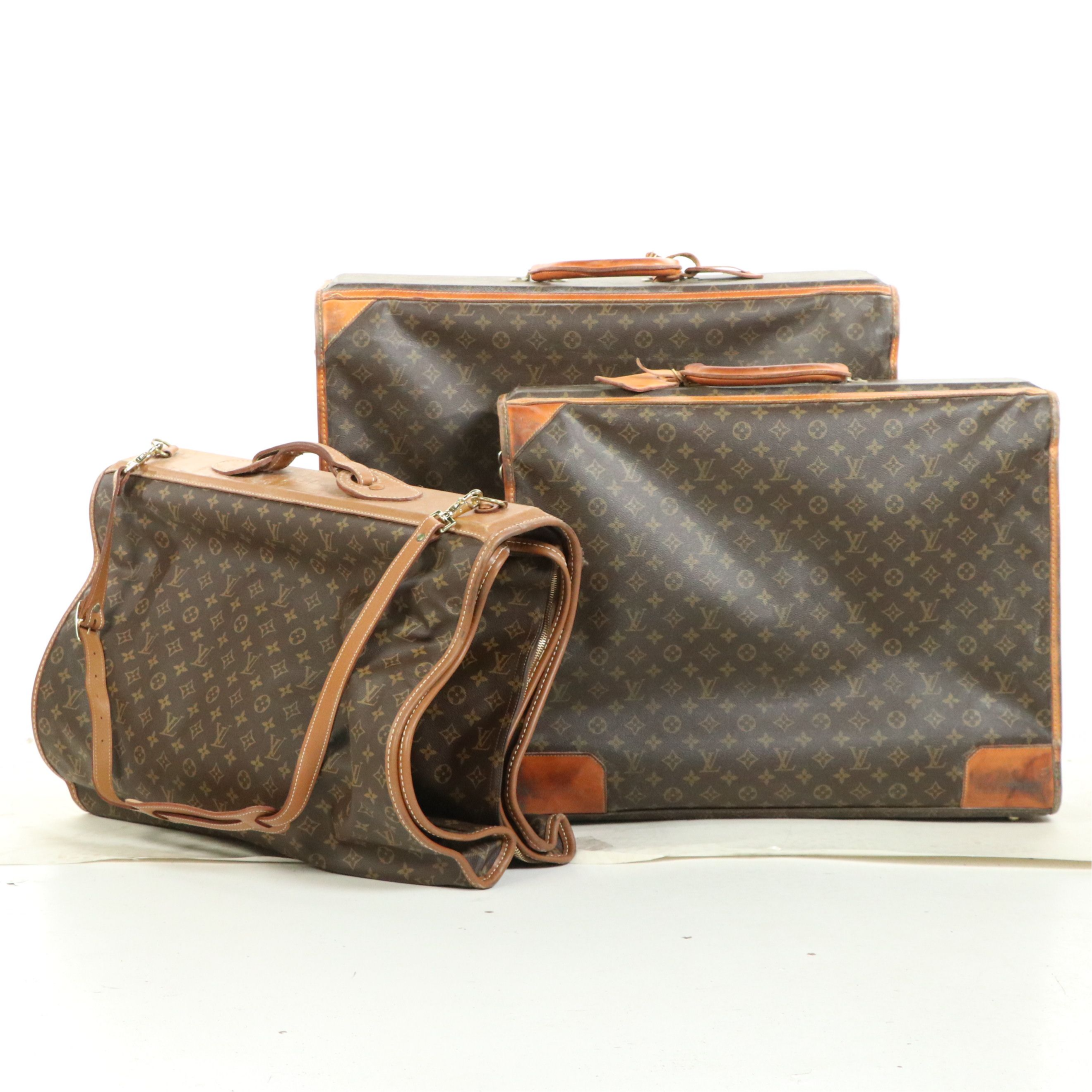 Louis Vuitton 24" and 26" Soft Monogram Suitcases and French Company Garment Bag