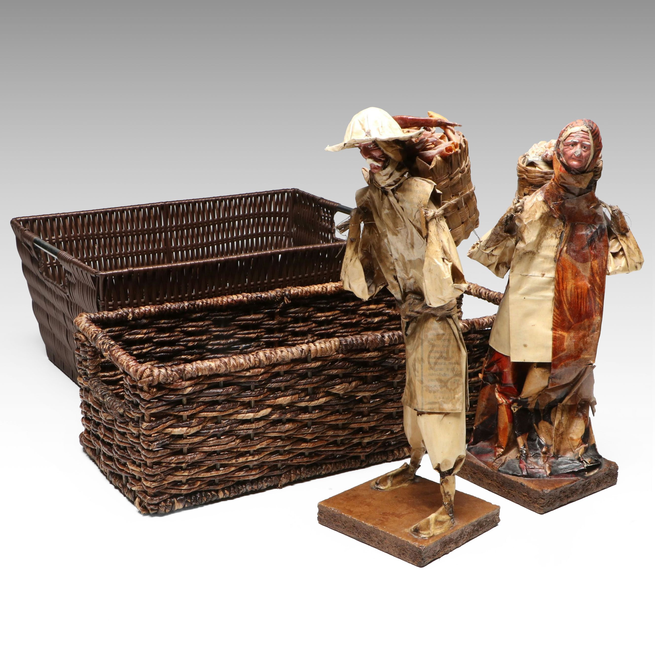 Mexican Cartonería Papier-Mâché Folk Art Figurines with Woven Baskets