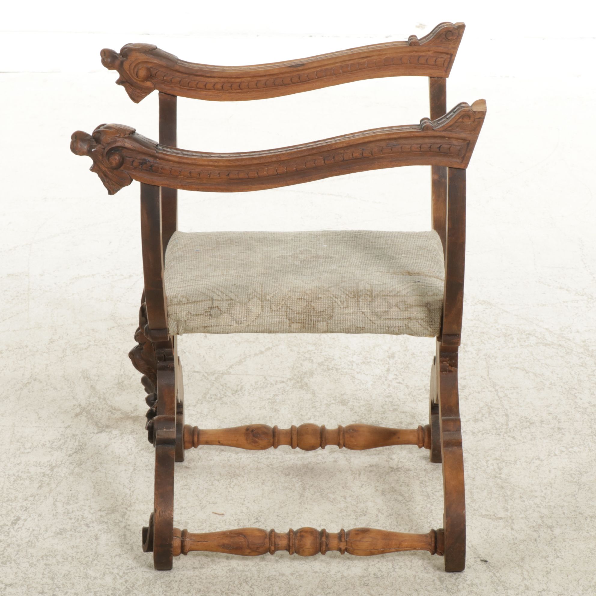 Antique Savonarola Style Chair with Carved Dog's Heads Decorations