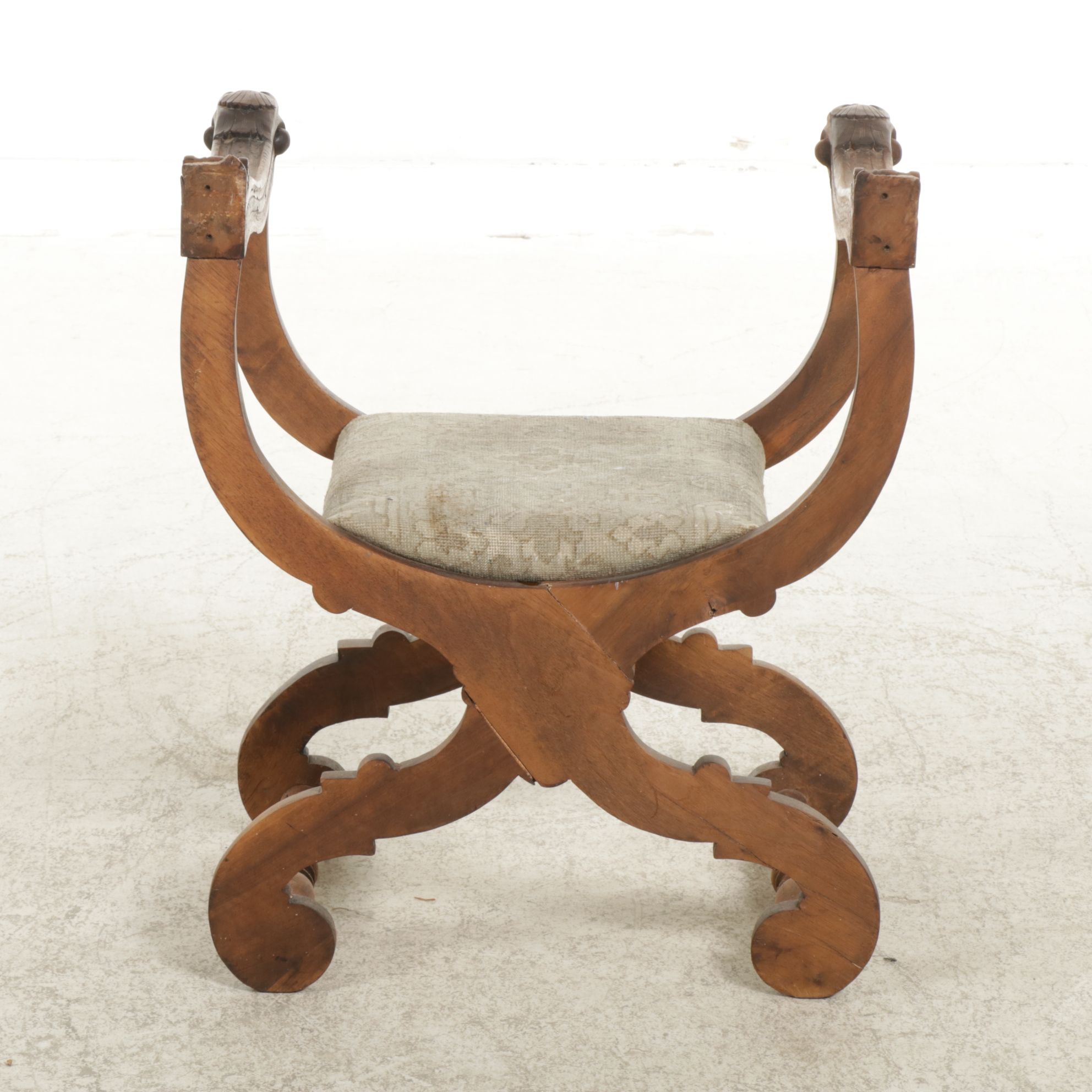 Antique Savonarola Style Chair with Carved Dog's Heads Decorations