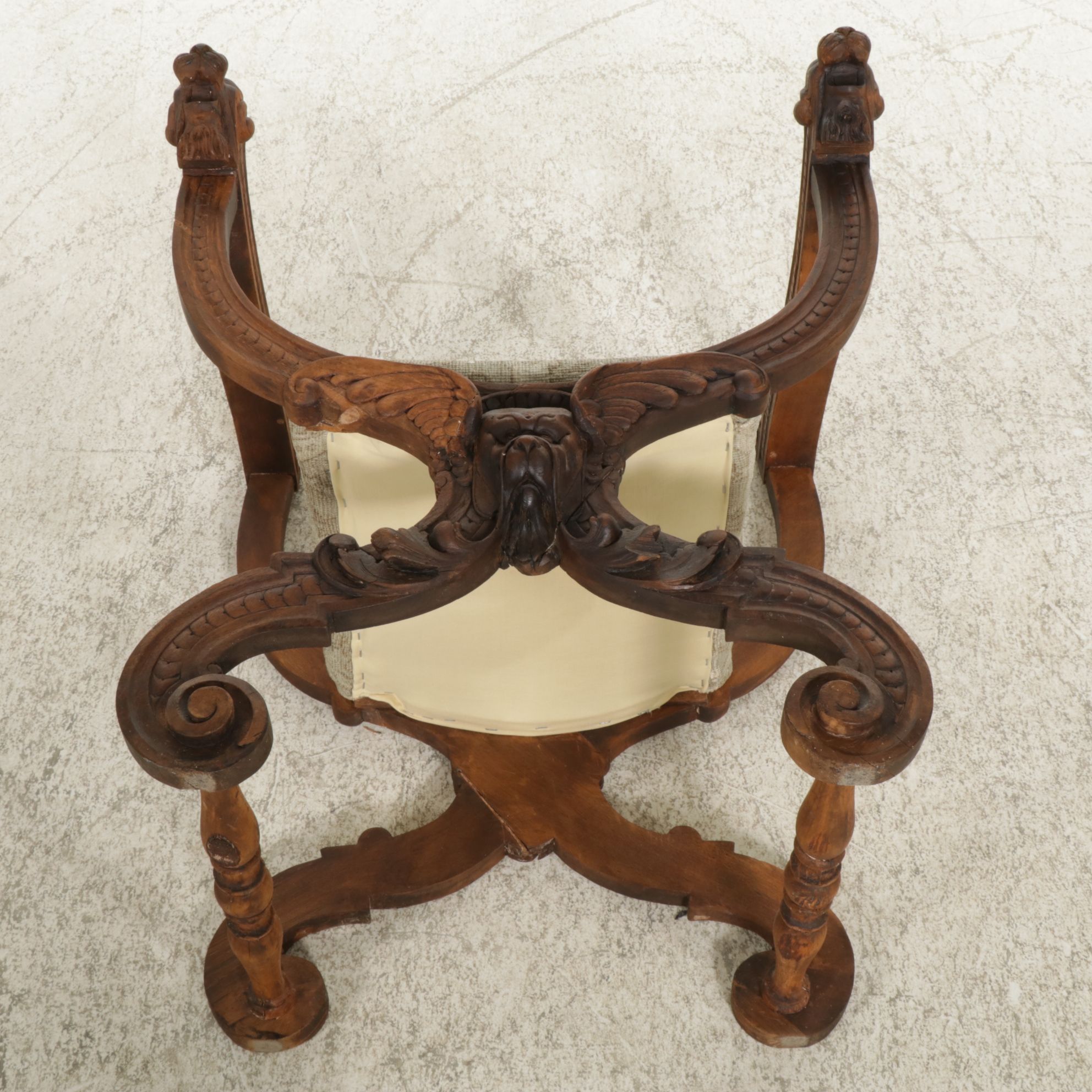 Antique Savonarola Style Chair with Carved Dog's Heads Decorations