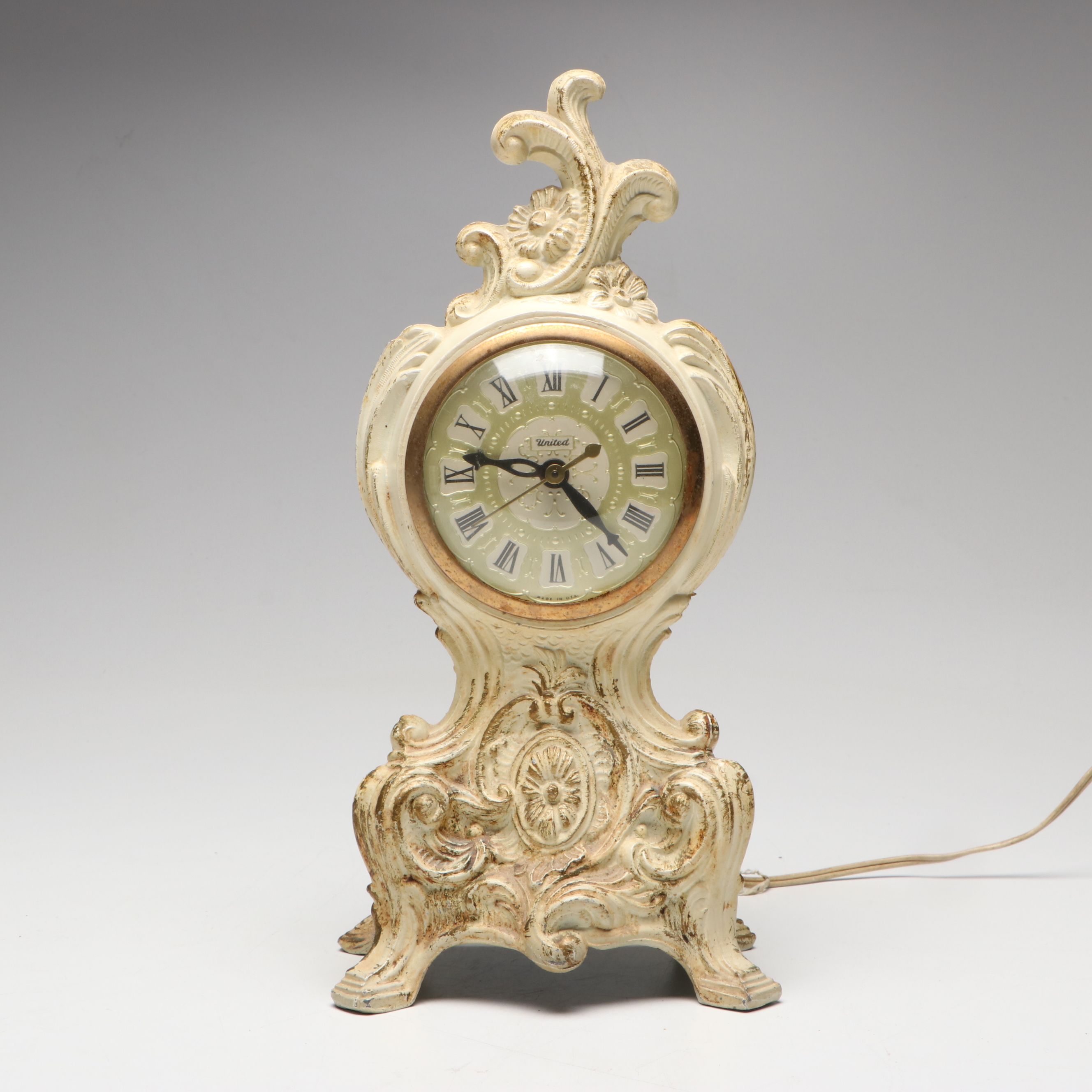 Bronze and Slag Glass Desk Lamp with Rococo Style United Electric Mantel Clock