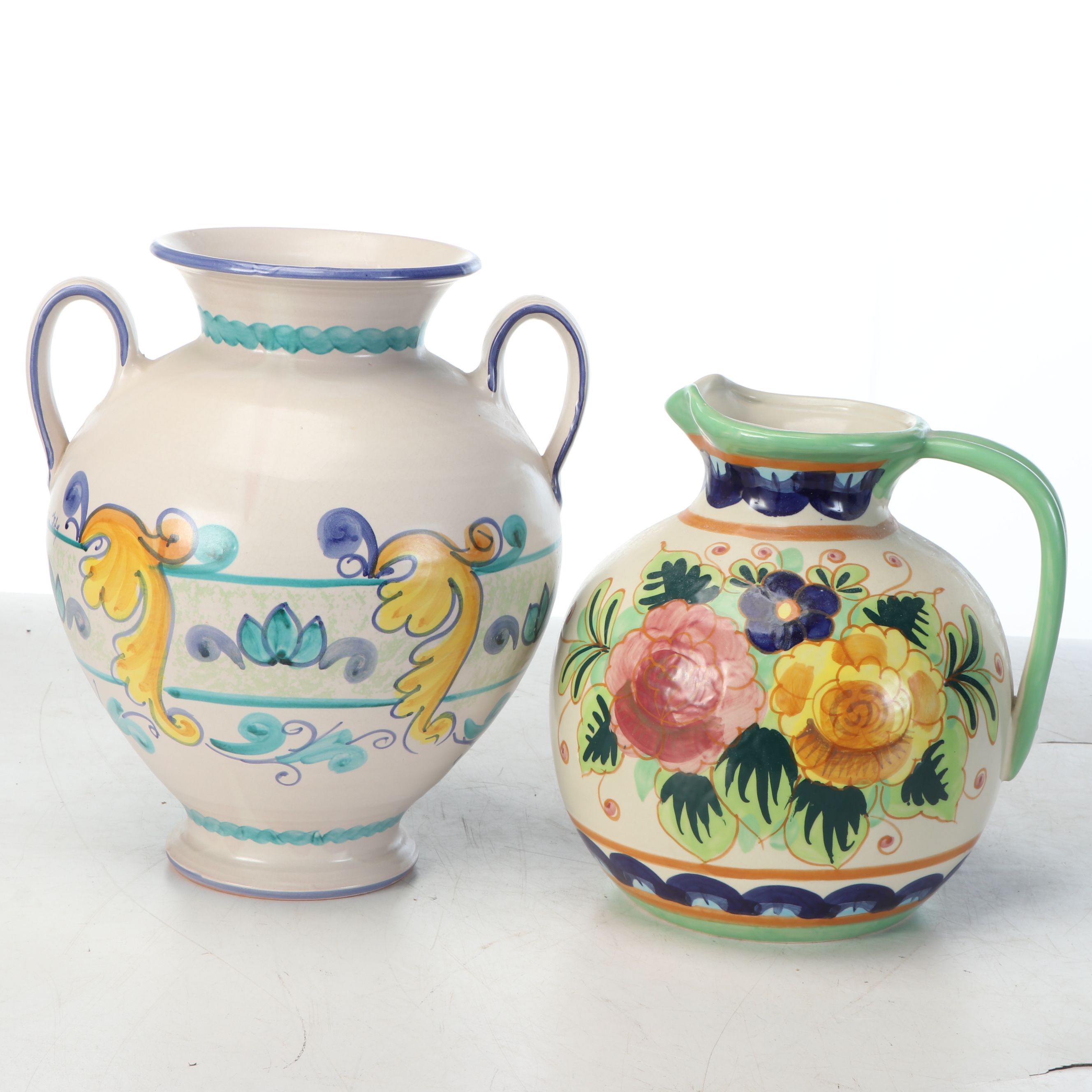 Bella Casa by Ganz Floral Ceramic Pitcher with Other Majolica Style Amphora Vase