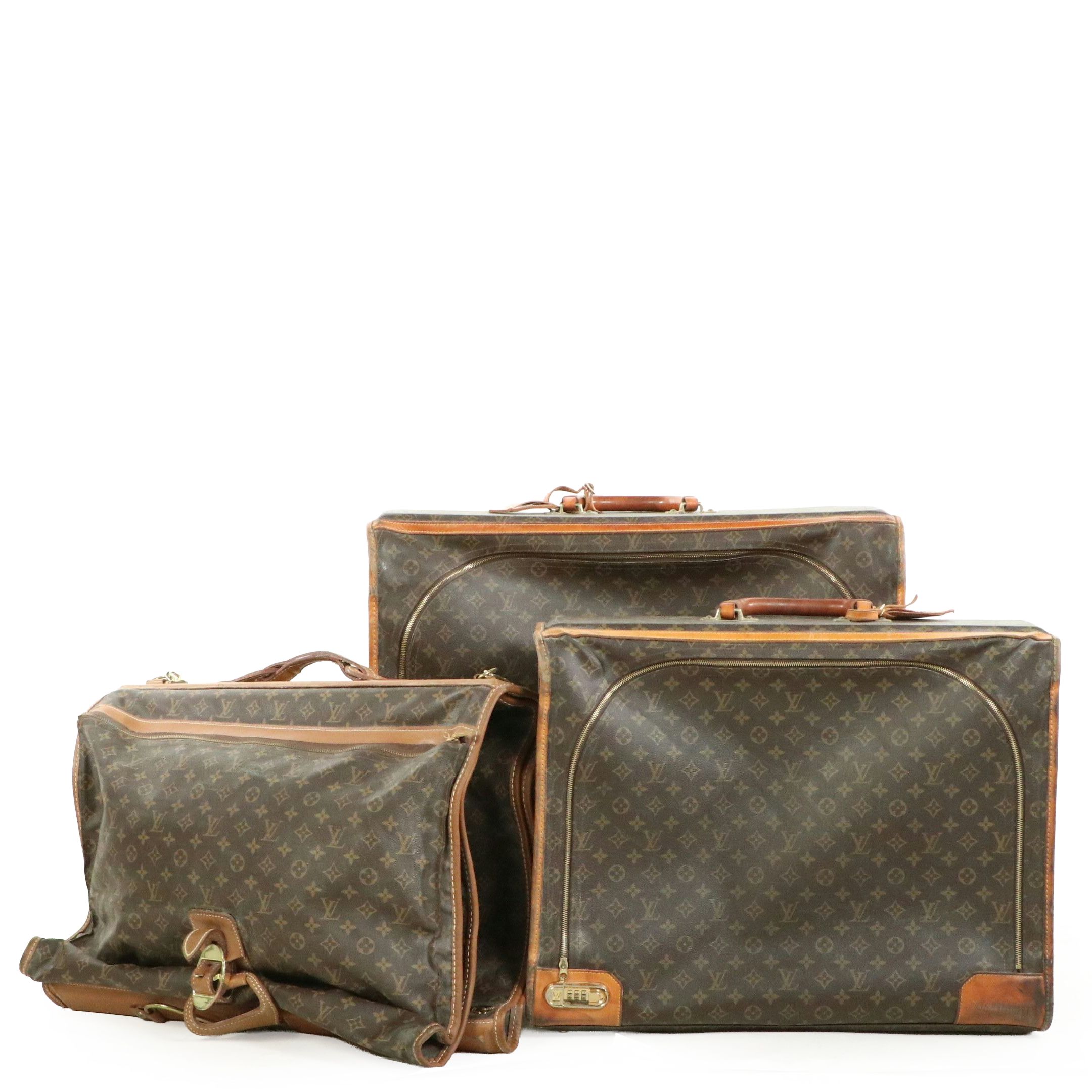 Louis Vuitton 24" and 26" Soft Monogram Suitcases and French Company Garment Bag