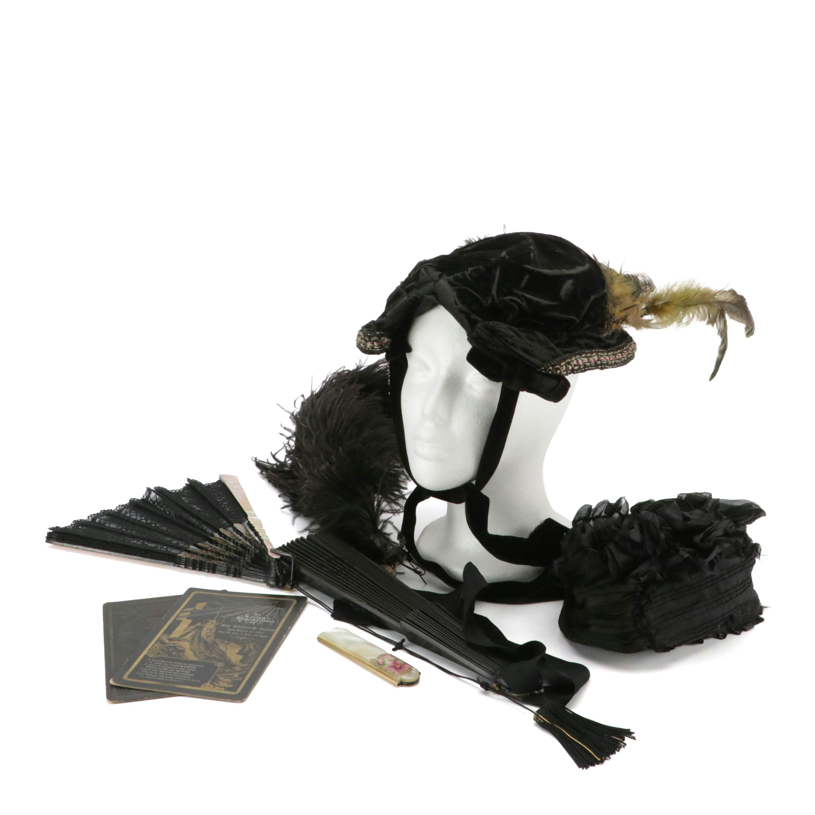 Vintage Wessel Millinery Mourning Hat, Other Folding Fans, Scarf, Comb and More