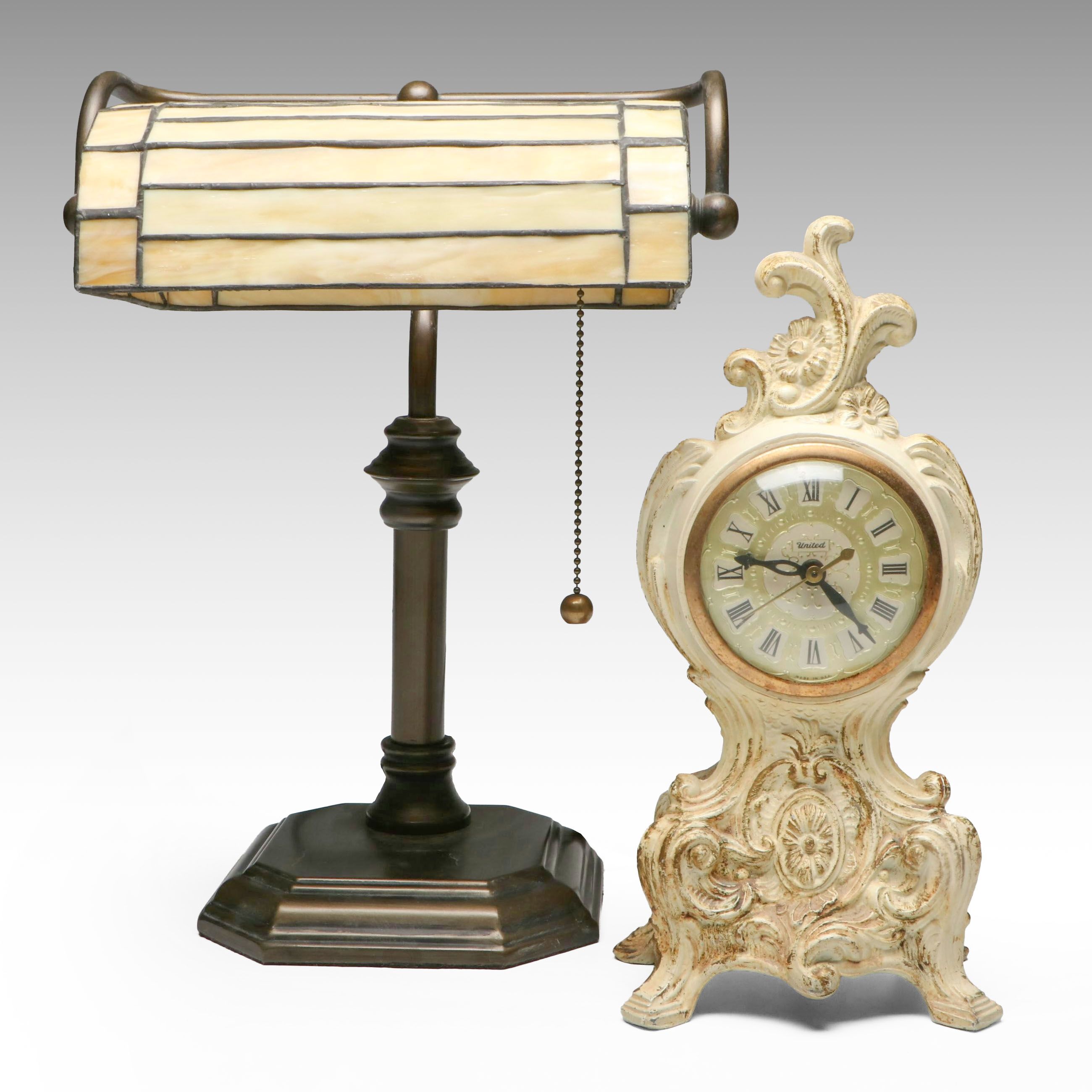 Bronze and Slag Glass Desk Lamp with Rococo Style United Electric Mantel Clock
