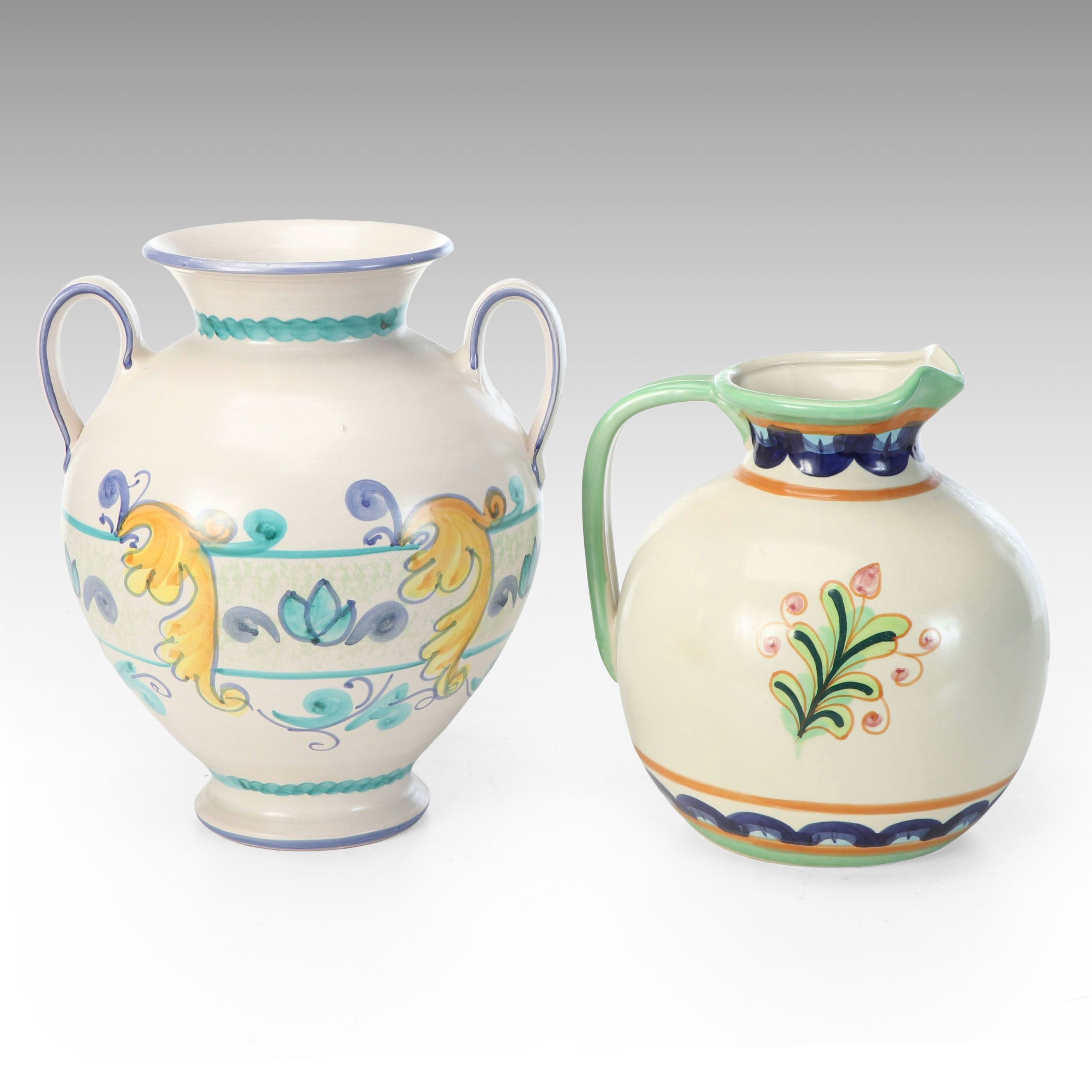 Bella Casa by Ganz Floral Ceramic Pitcher with Other Majolica Style Amphora Vase
