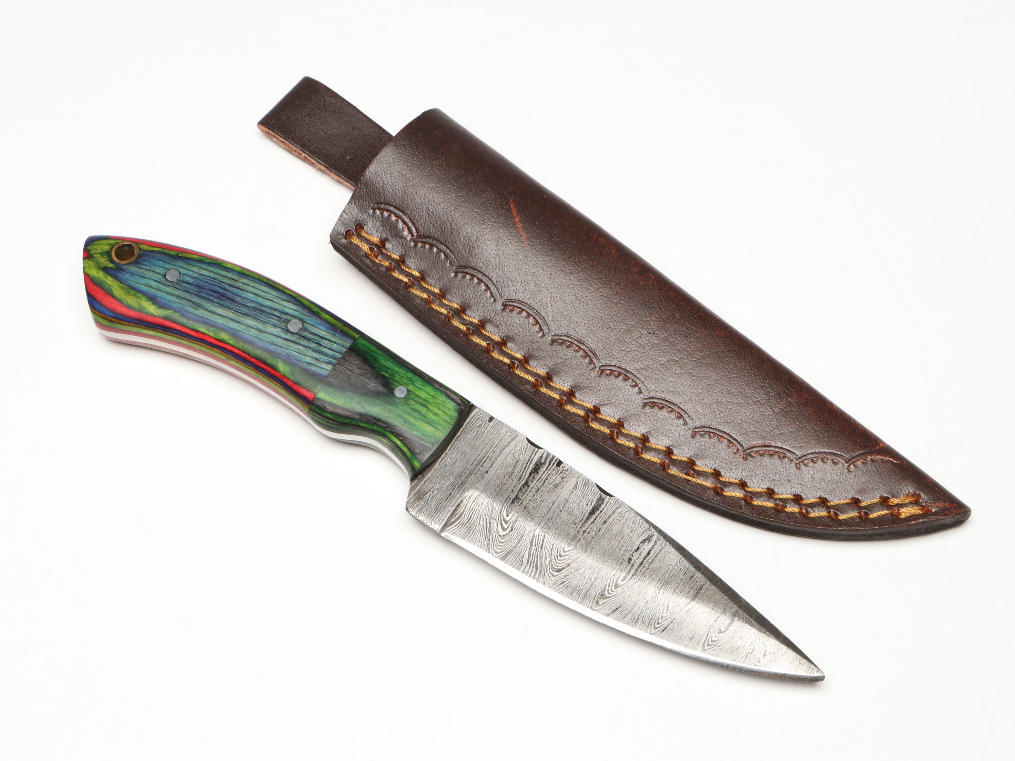 Damascus Steel Skinner and Hunting Knives in Leather Scabbards