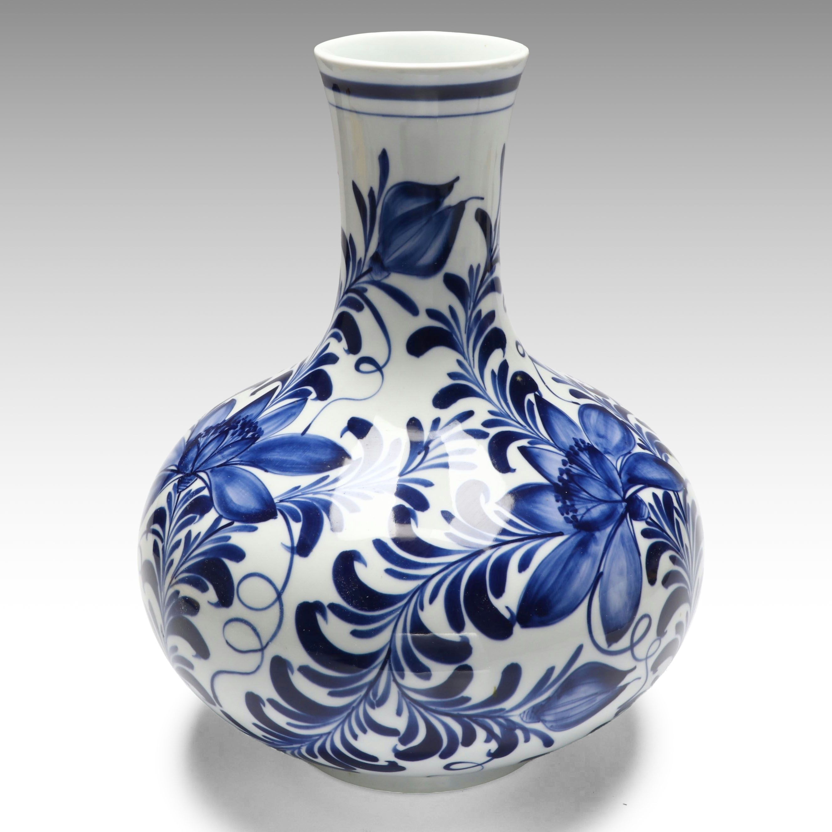 Seymour Mann Hand-Painted Floral Blue and White Porcelain Vase