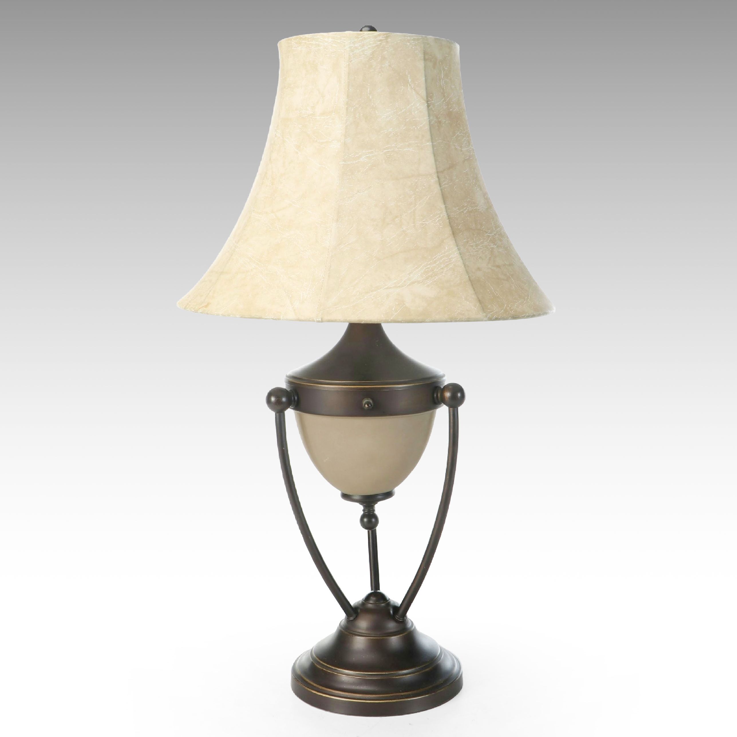 Oil Rubbed Bronze and Satin Glass Table Lamp with Faux Hide Bell Shade