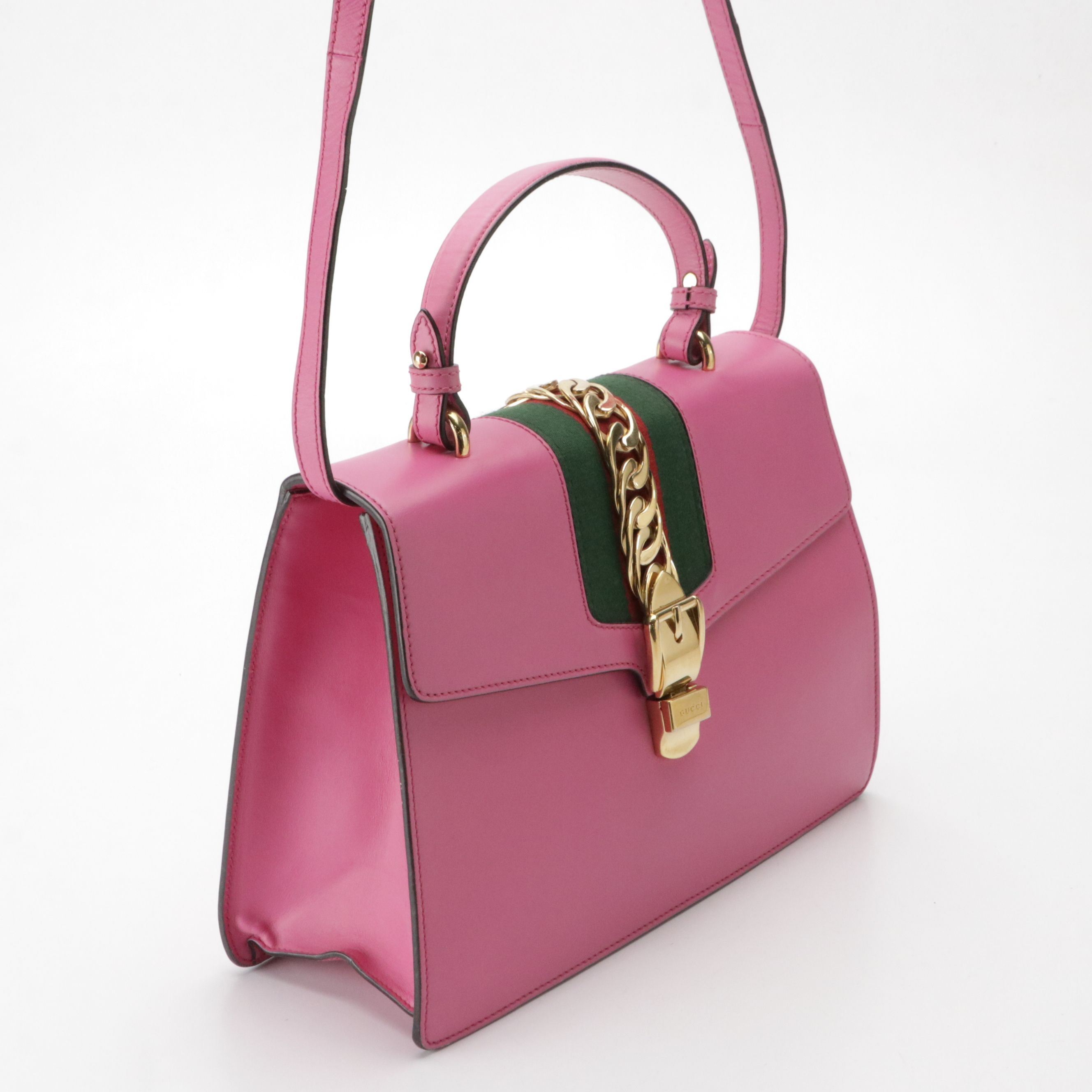 Gucci Medium Sylvie Top Handle Two-Way Bag in Web Striped Pink Leather