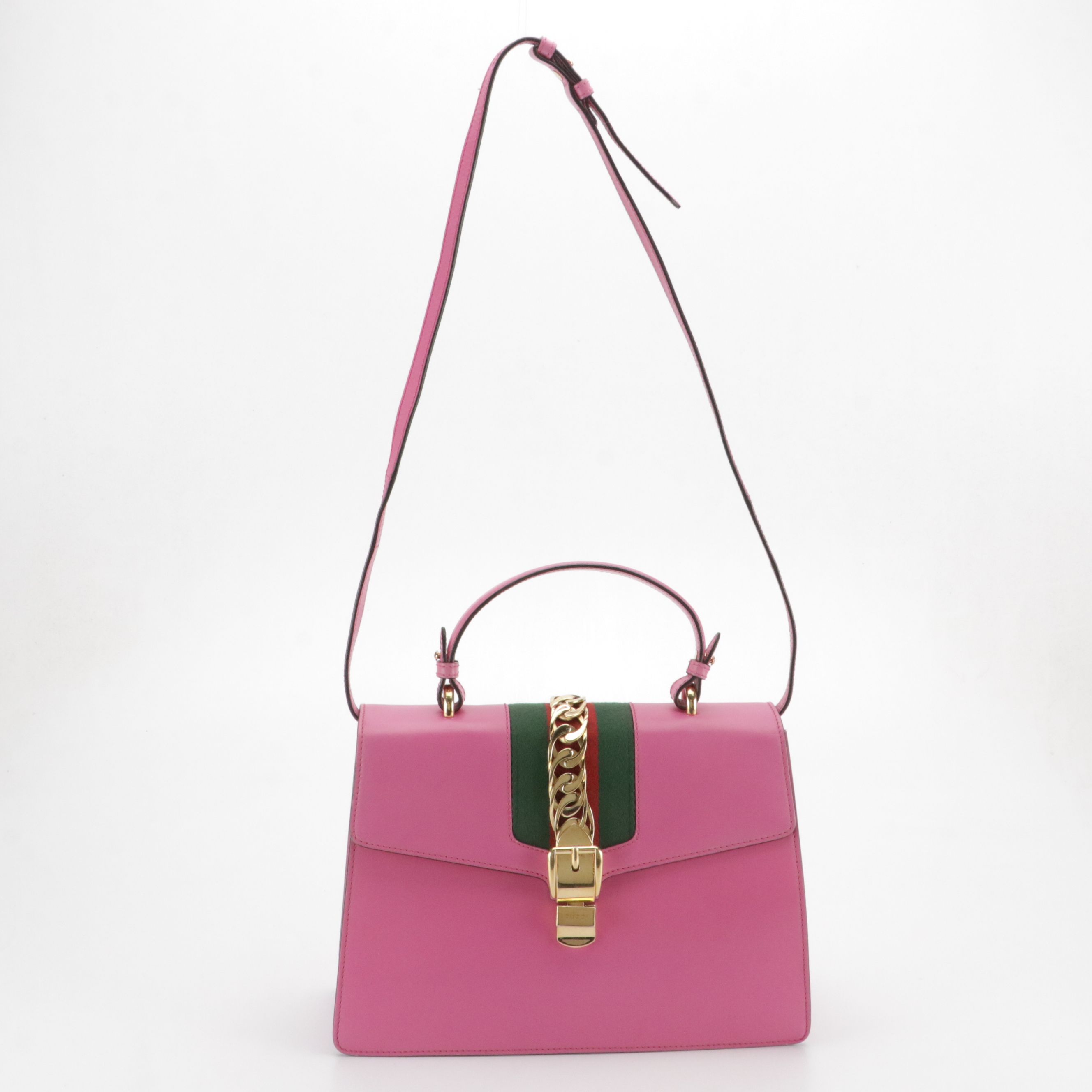 Gucci Medium Sylvie Top Handle Two-Way Bag in Web Striped Pink Leather
