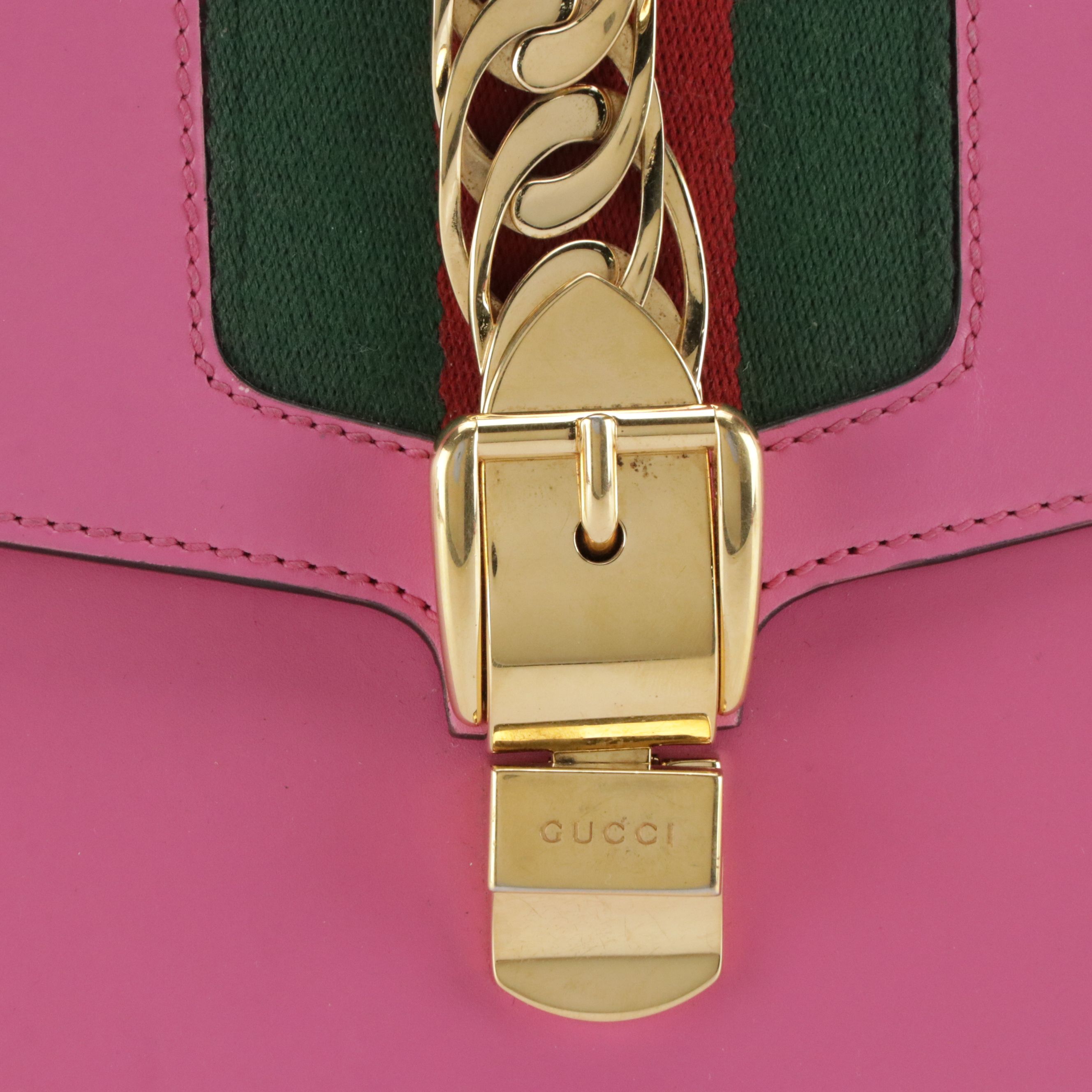 Gucci Medium Sylvie Top Handle Two-Way Bag in Web Striped Pink Leather