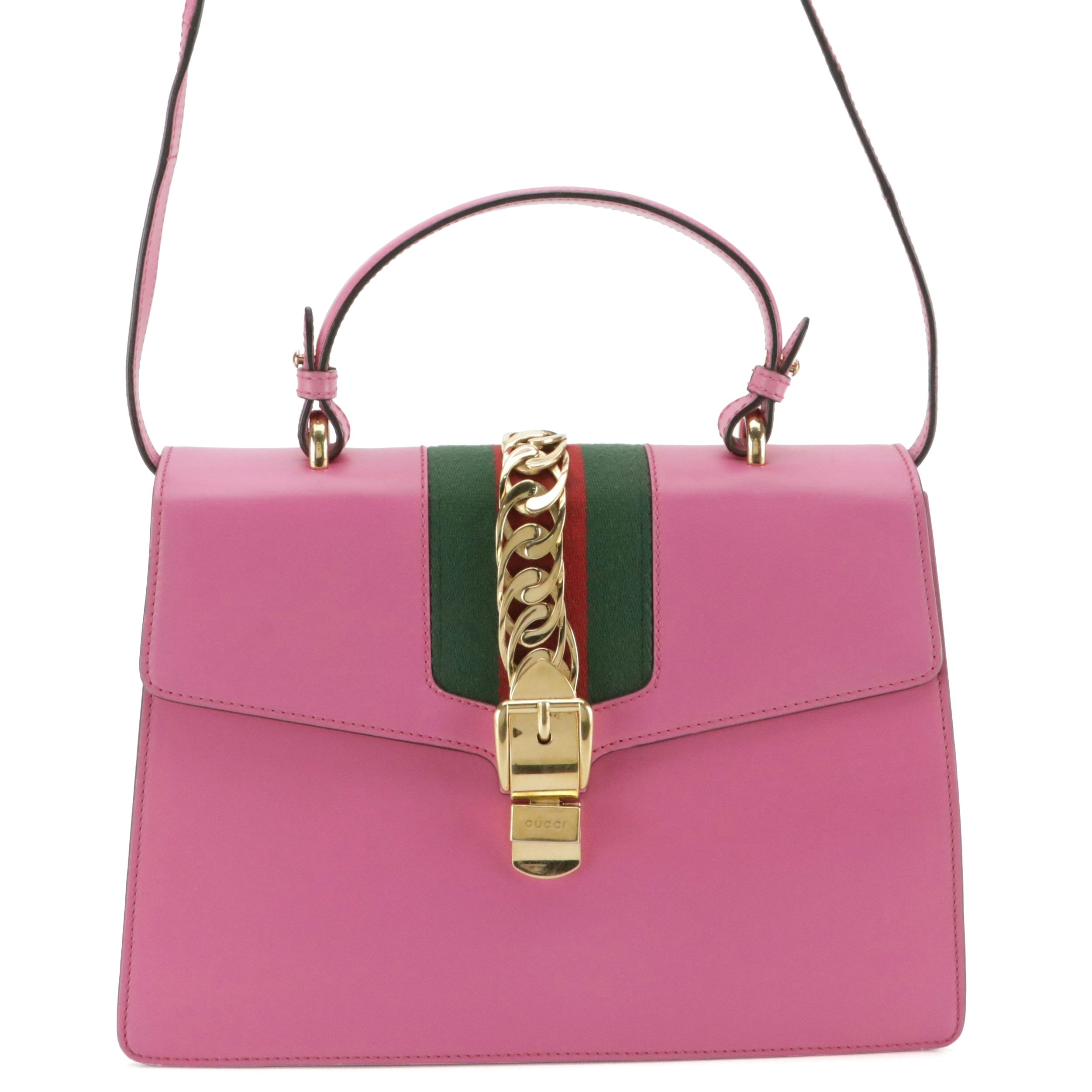 Gucci Medium Sylvie Top Handle Two-Way Bag in Web Striped Pink Leather