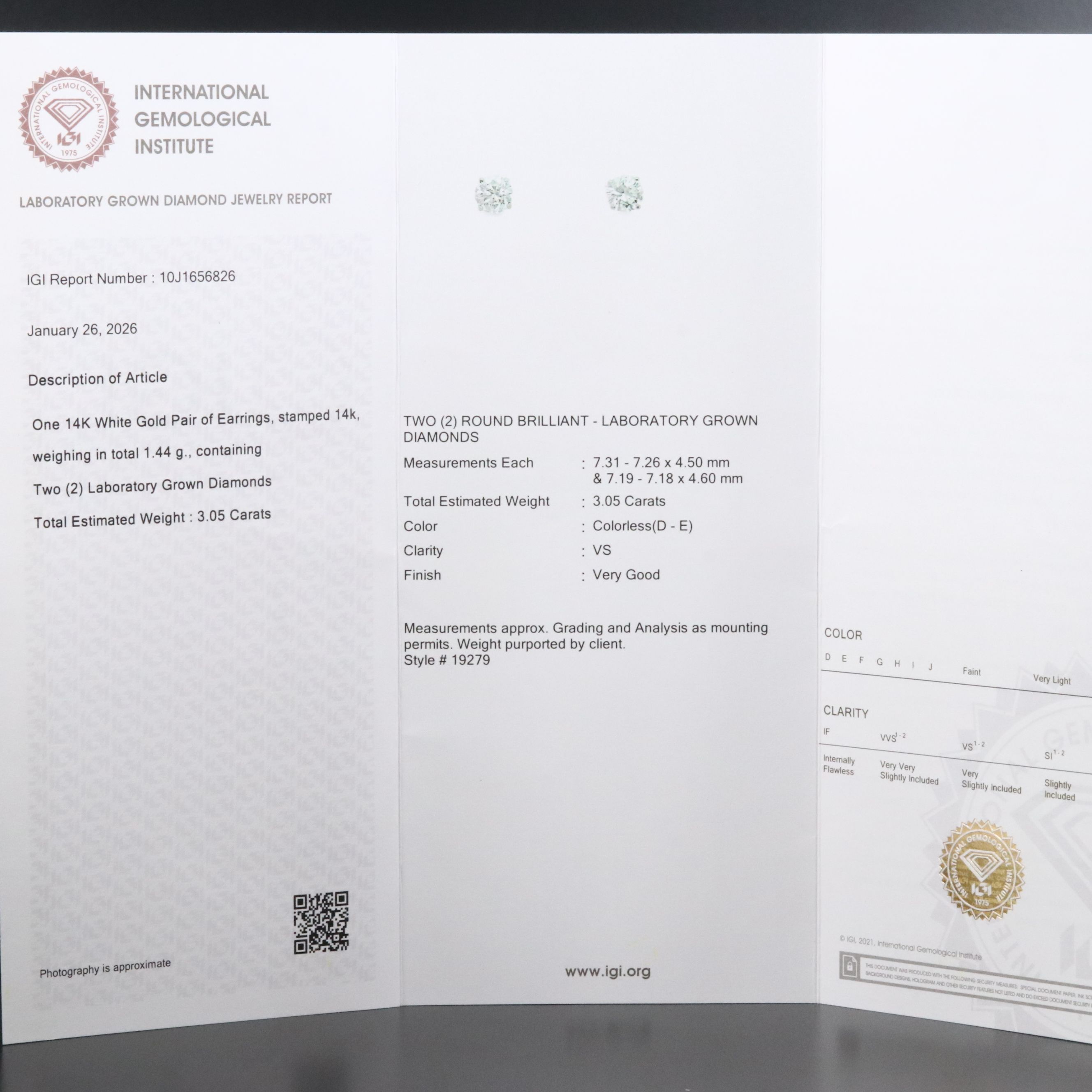 14K 3.05 CTW Lab Grown Diamond Stud Earrings with IGI Jewelry Report