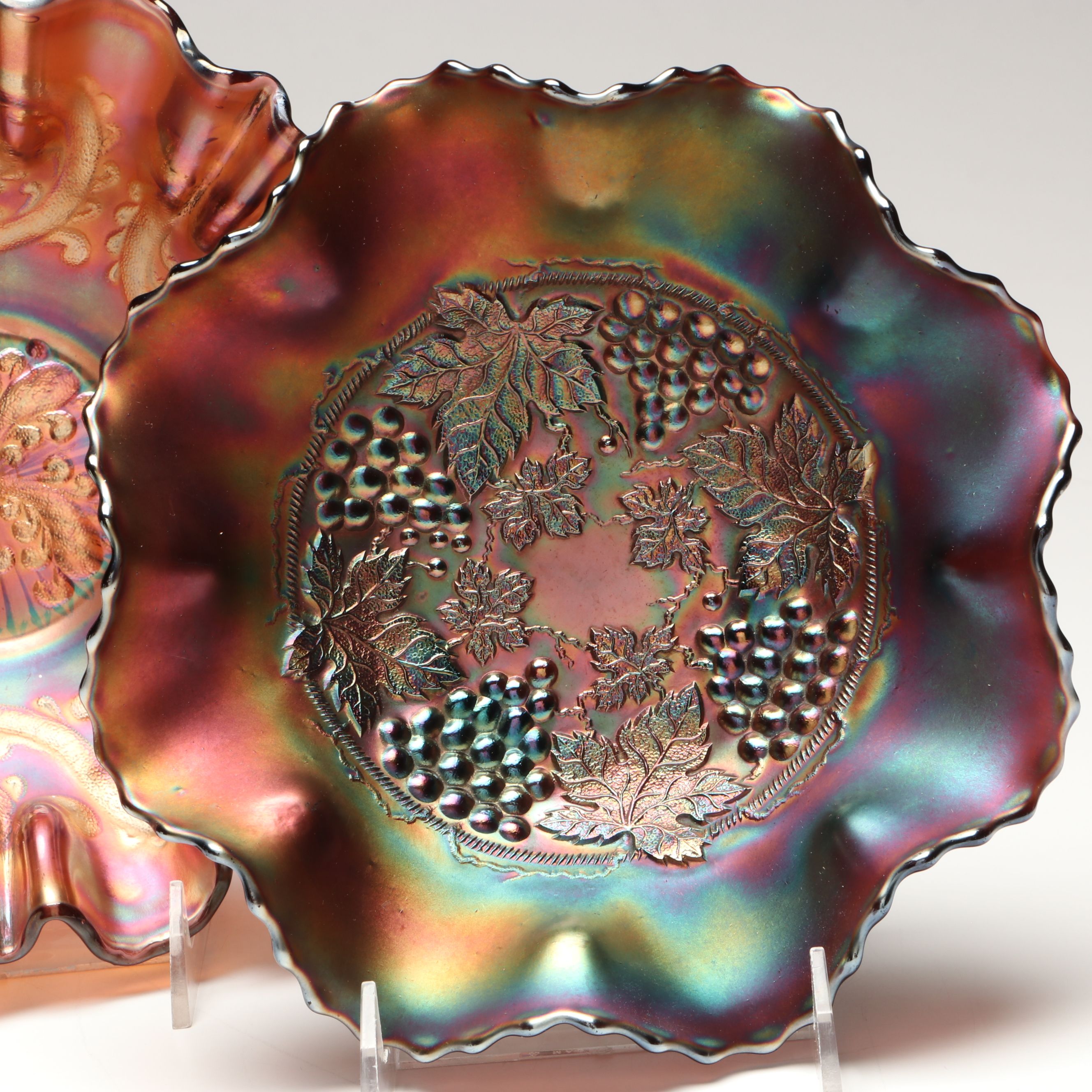 Fenton "Feathered Serpent" and Northwood "Grape & Cable" Carnival Glass Bowls