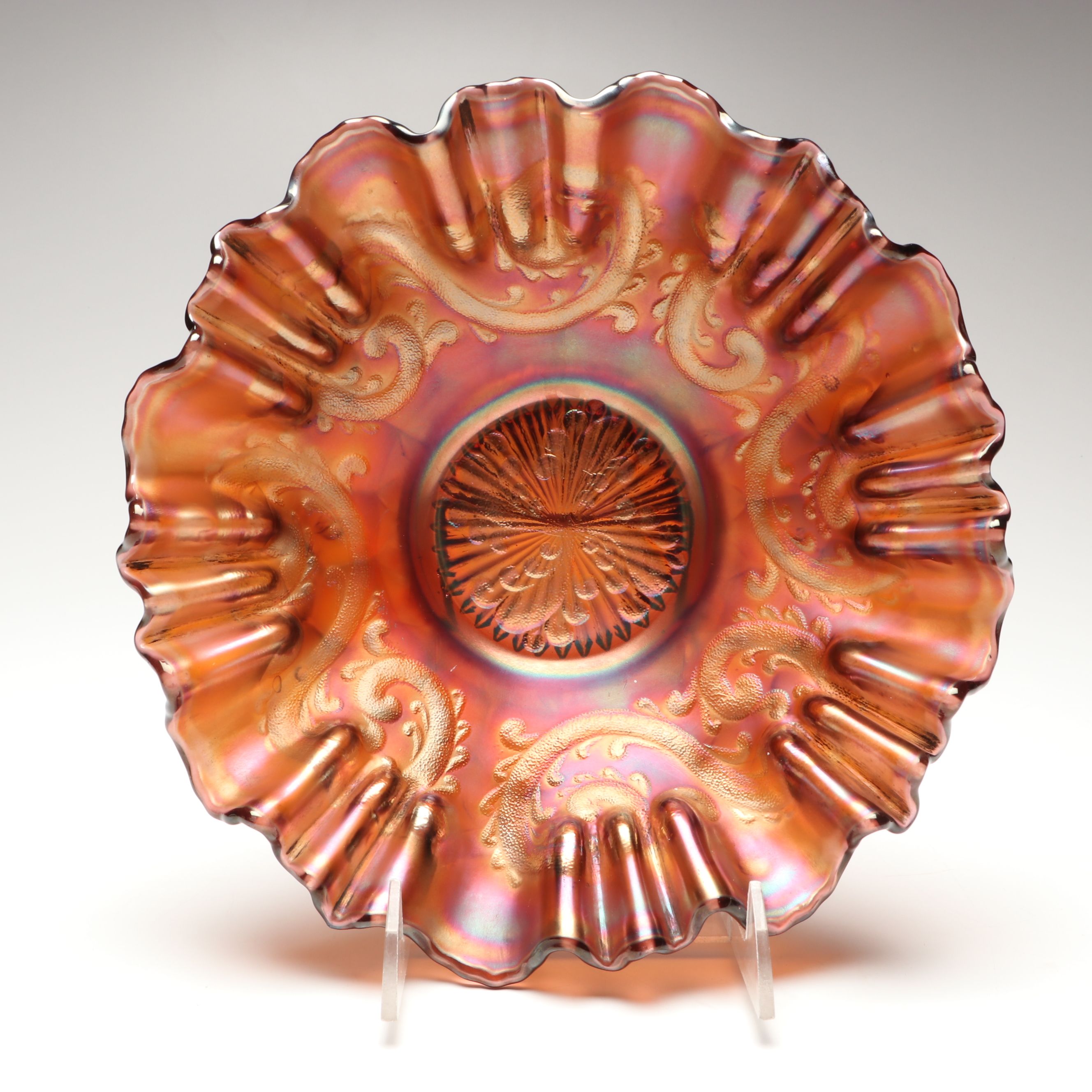 Fenton "Feathered Serpent" and Northwood "Grape & Cable" Carnival Glass Bowls