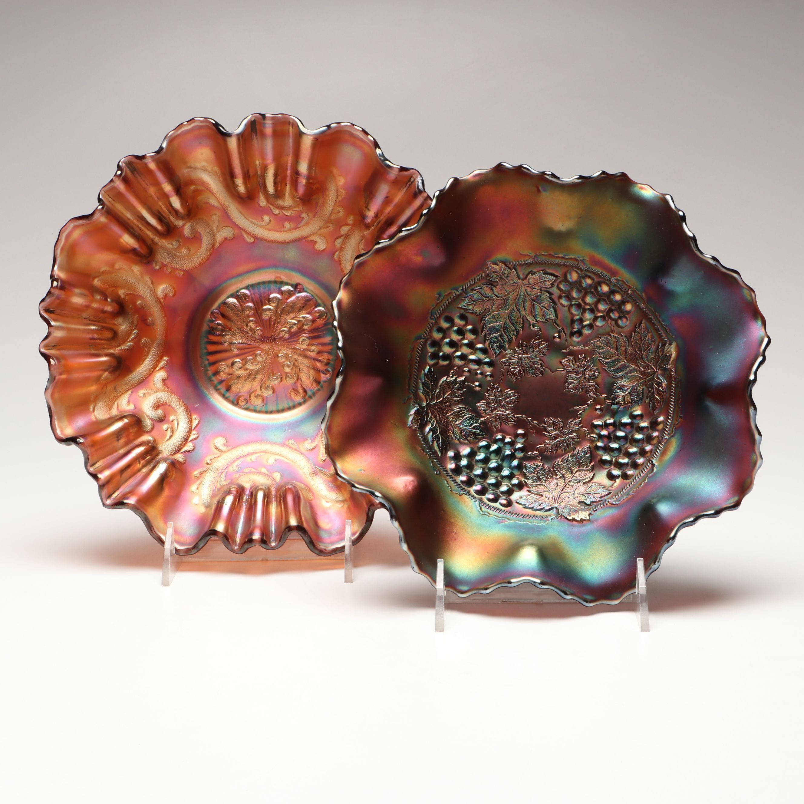 Fenton "Feathered Serpent" and Northwood "Grape & Cable" Carnival Glass Bowls