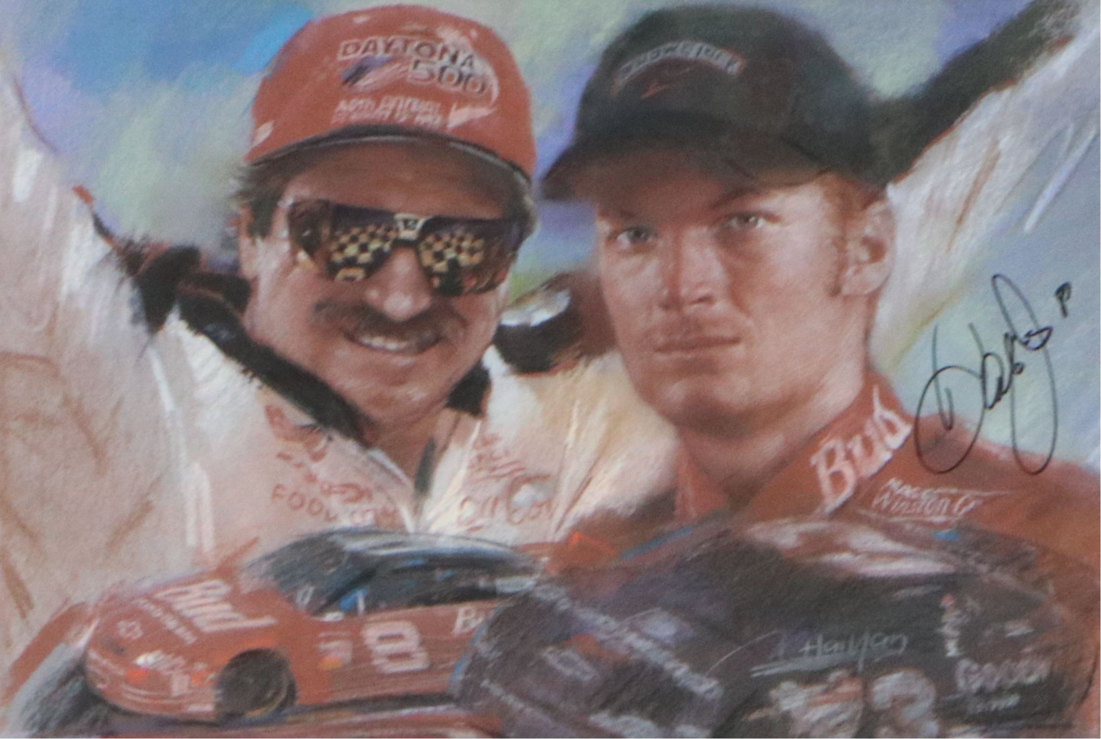 Signed Offset Lithograph of Dale Earnhardt Jr. and Sr., Late 20th Century