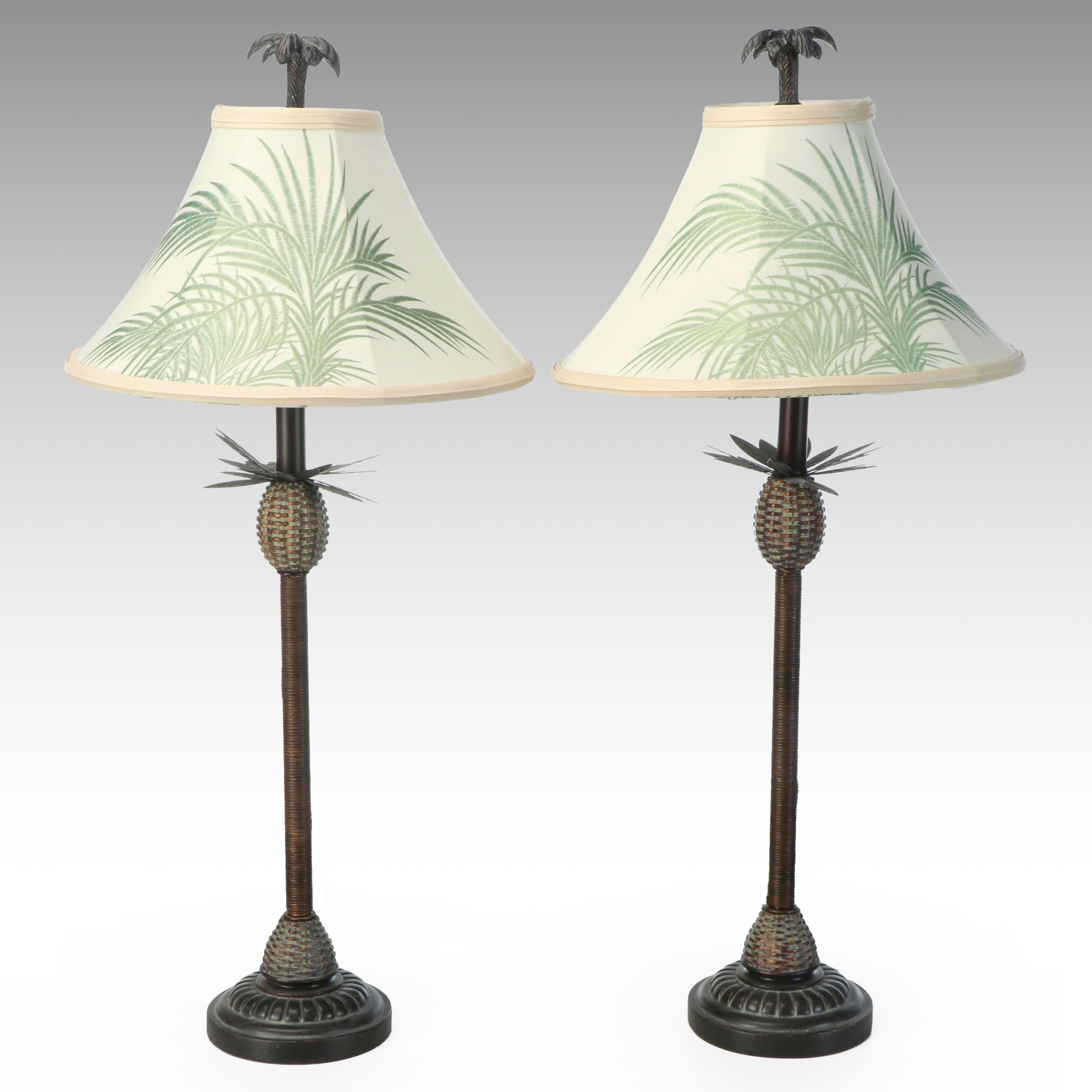 Antiqued Pineapple Accented Console Lamps with Tropical Bell Shades, 2002