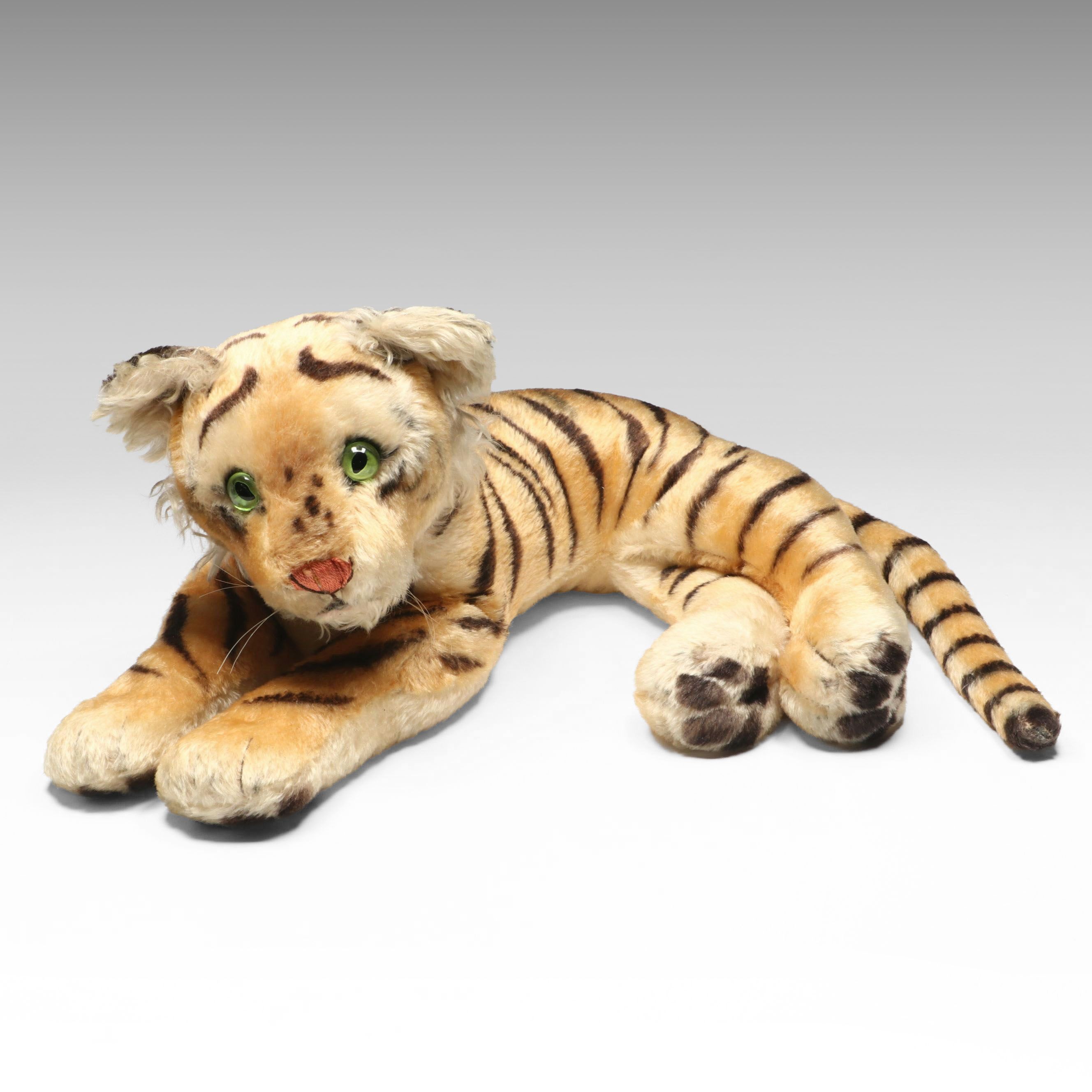 Steiff Mohair Plush Reclining Tiger Cub, Mid-20th Century