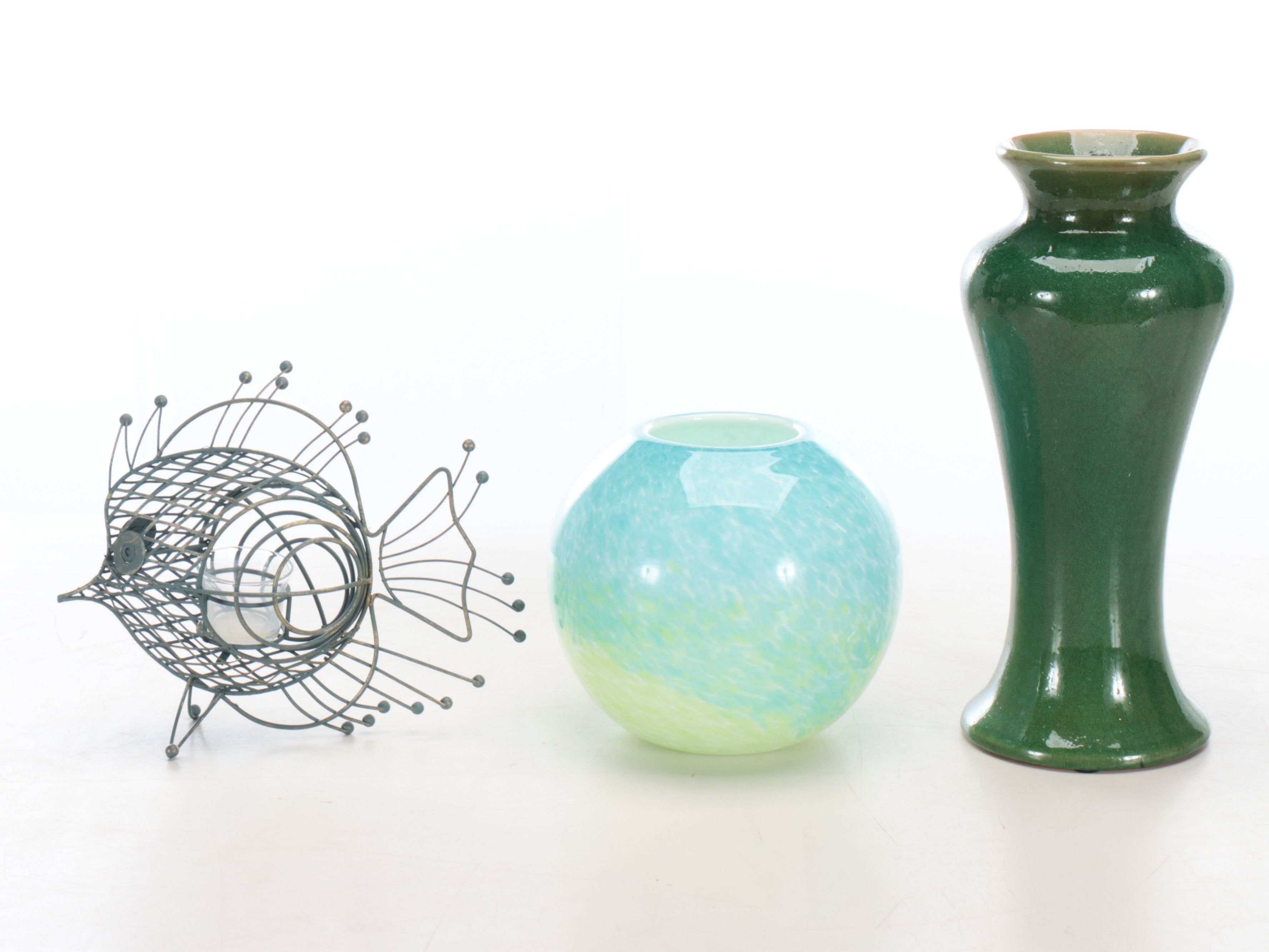 Aqua Ceramic and Glass Vases with Artificial Orchids and Other Décor