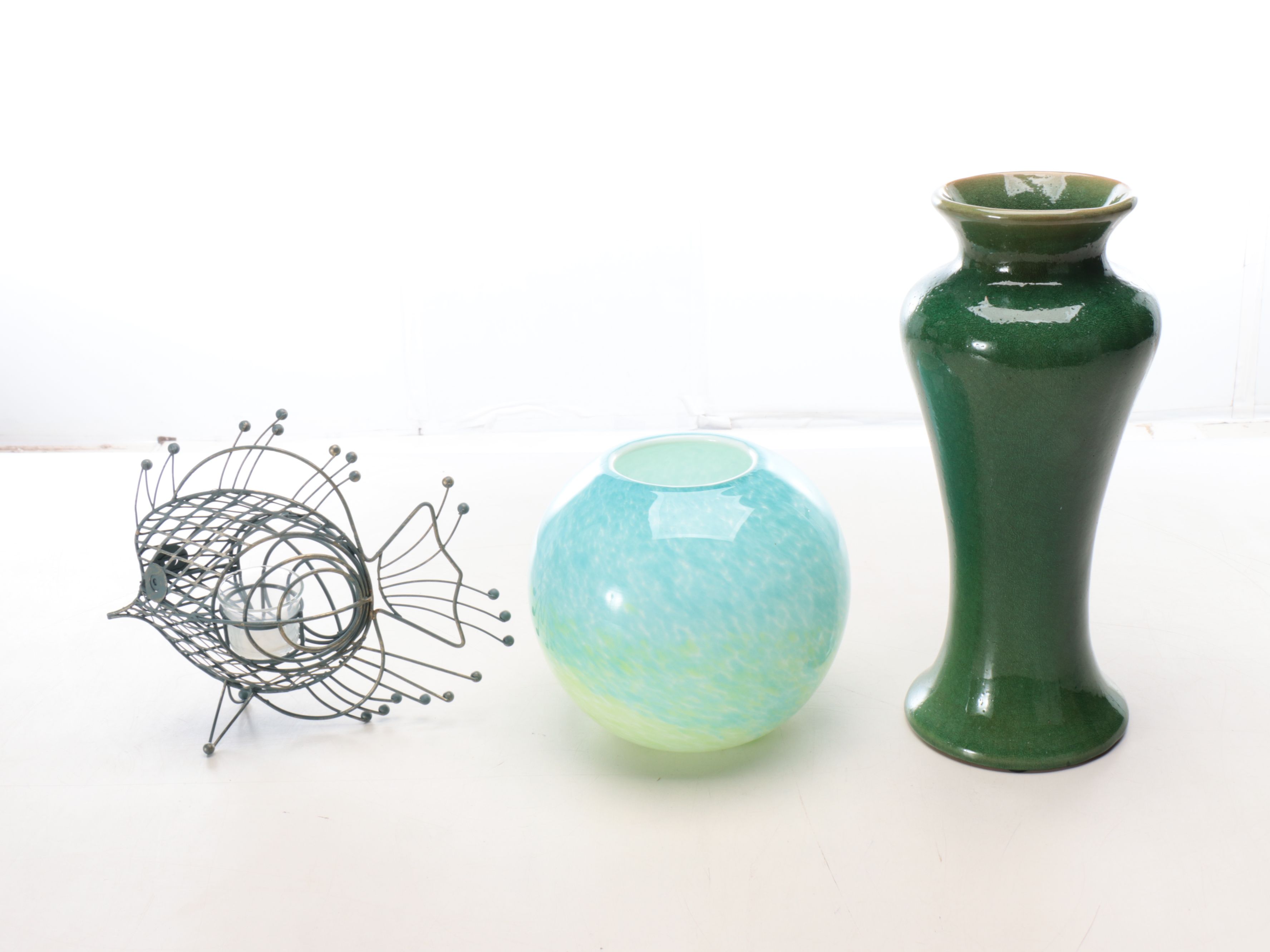 Aqua Ceramic and Glass Vases with Artificial Orchids and Other Décor
