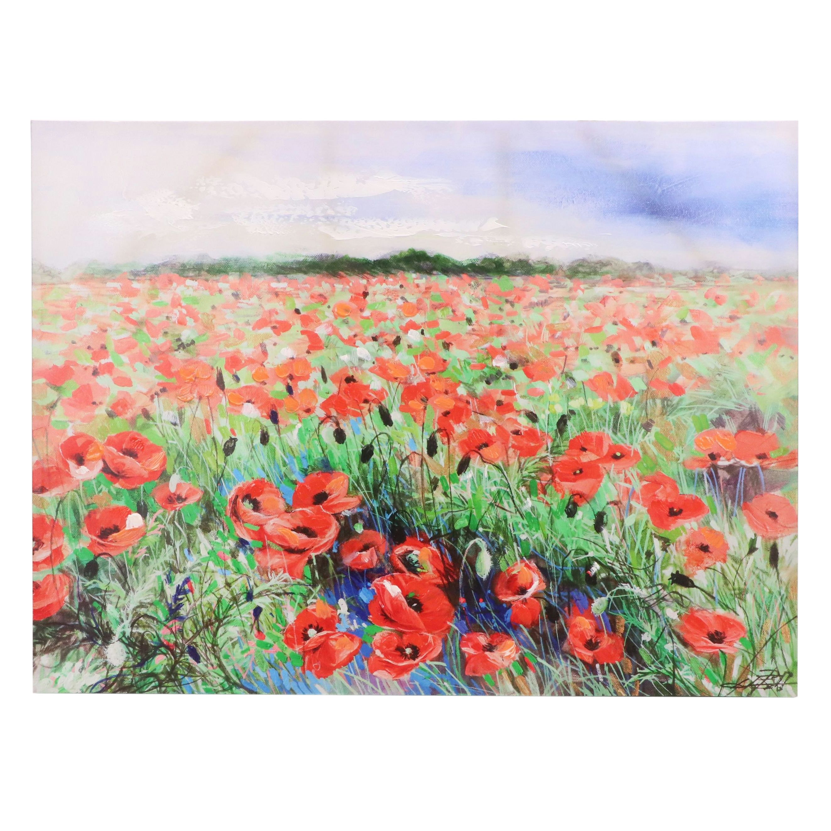 Embellished Gicleé on Canvas of Poppy Field, 21st Century