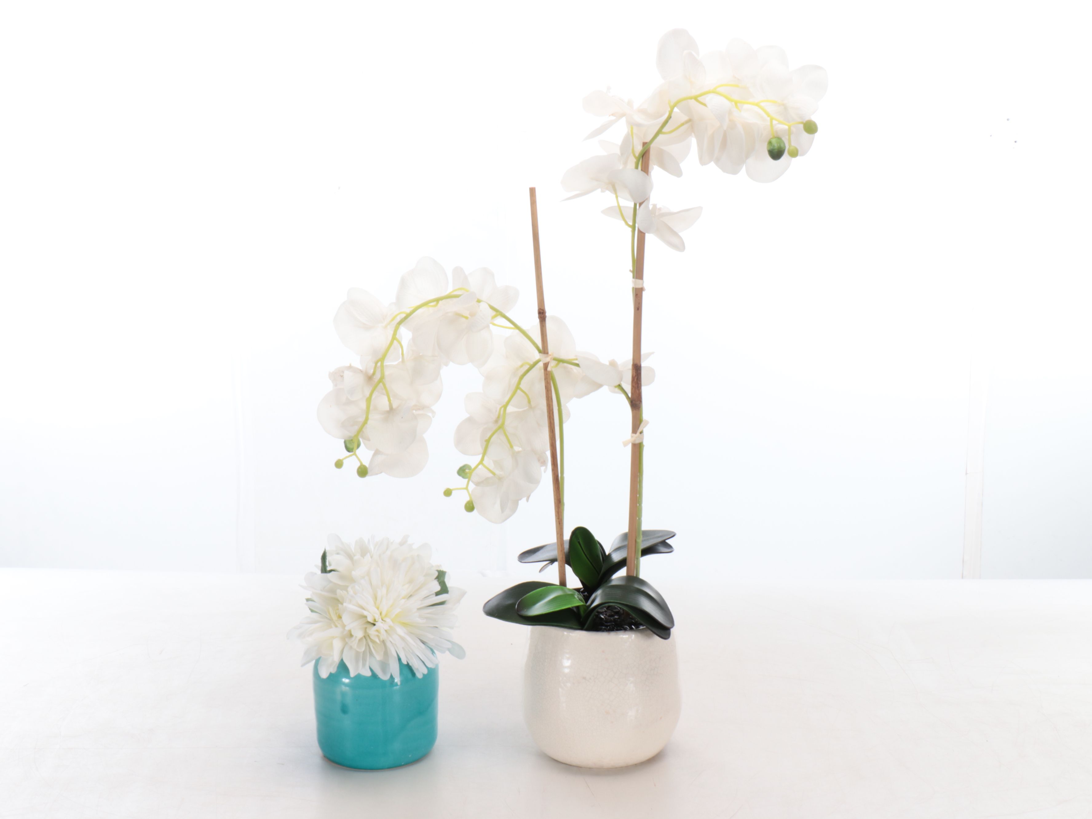 Aqua Ceramic and Glass Vases with Artificial Orchids and Other Décor