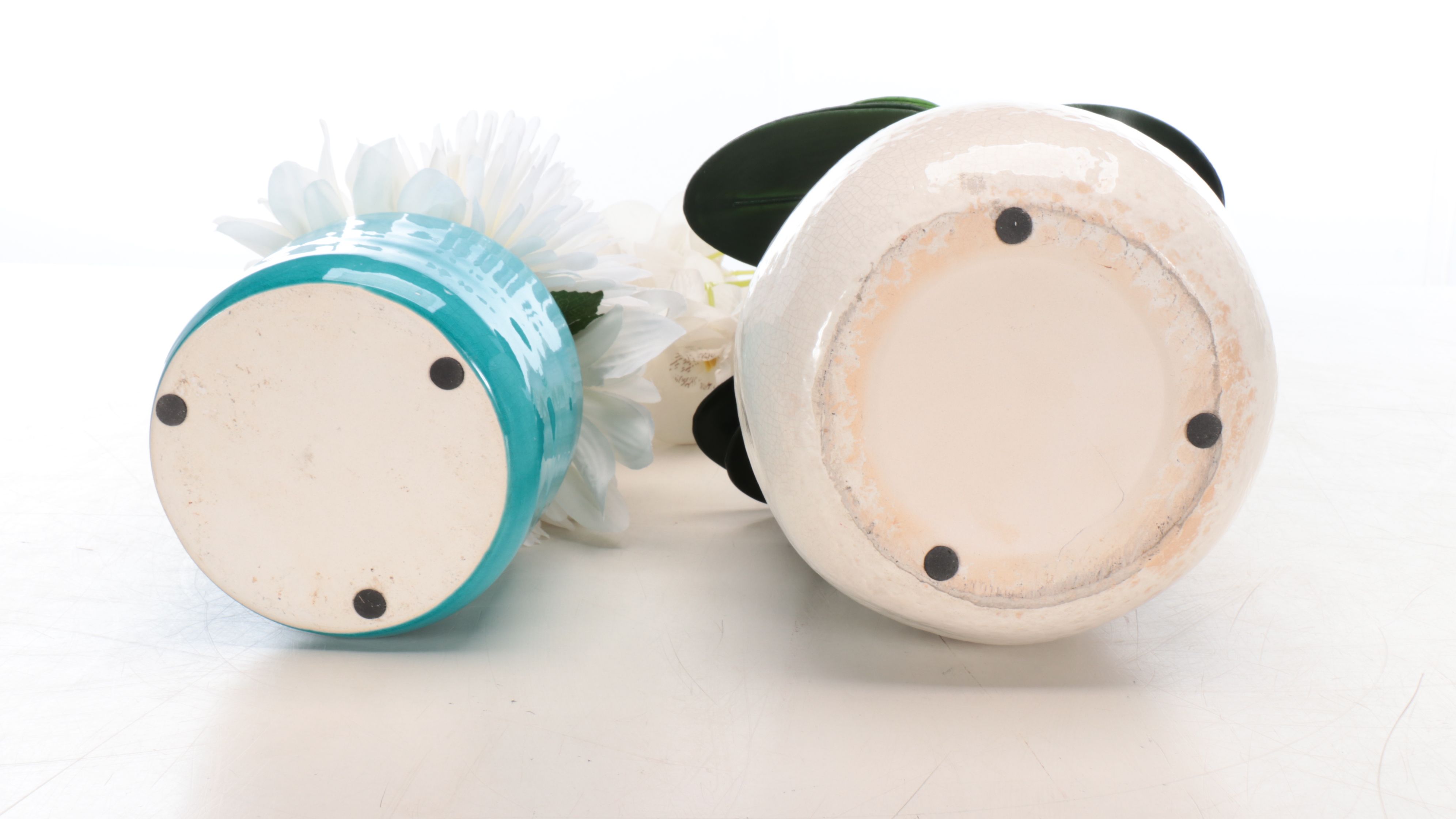 Aqua Ceramic and Glass Vases with Artificial Orchids and Other Décor