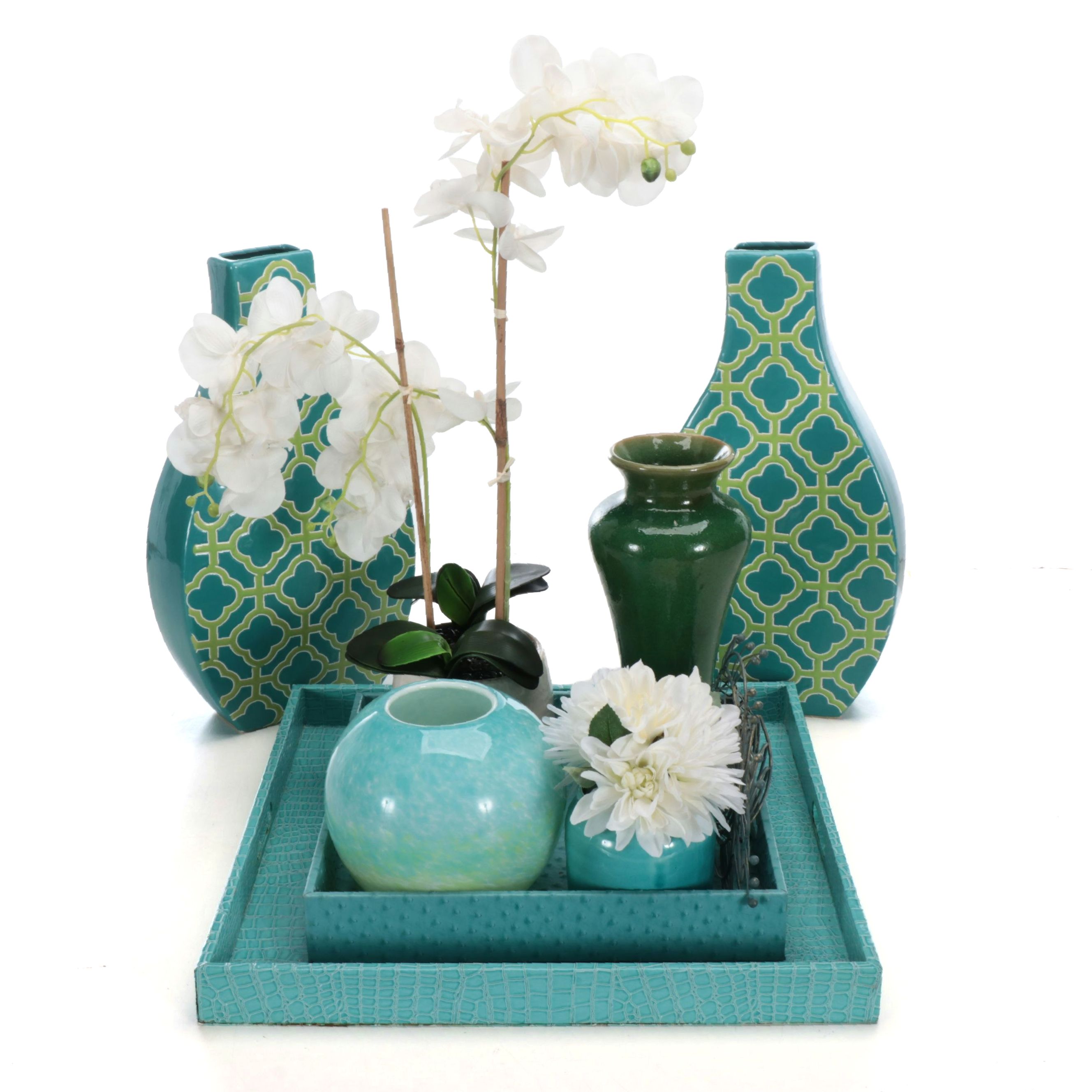 Aqua Ceramic and Glass Vases with Artificial Orchids and Other Décor