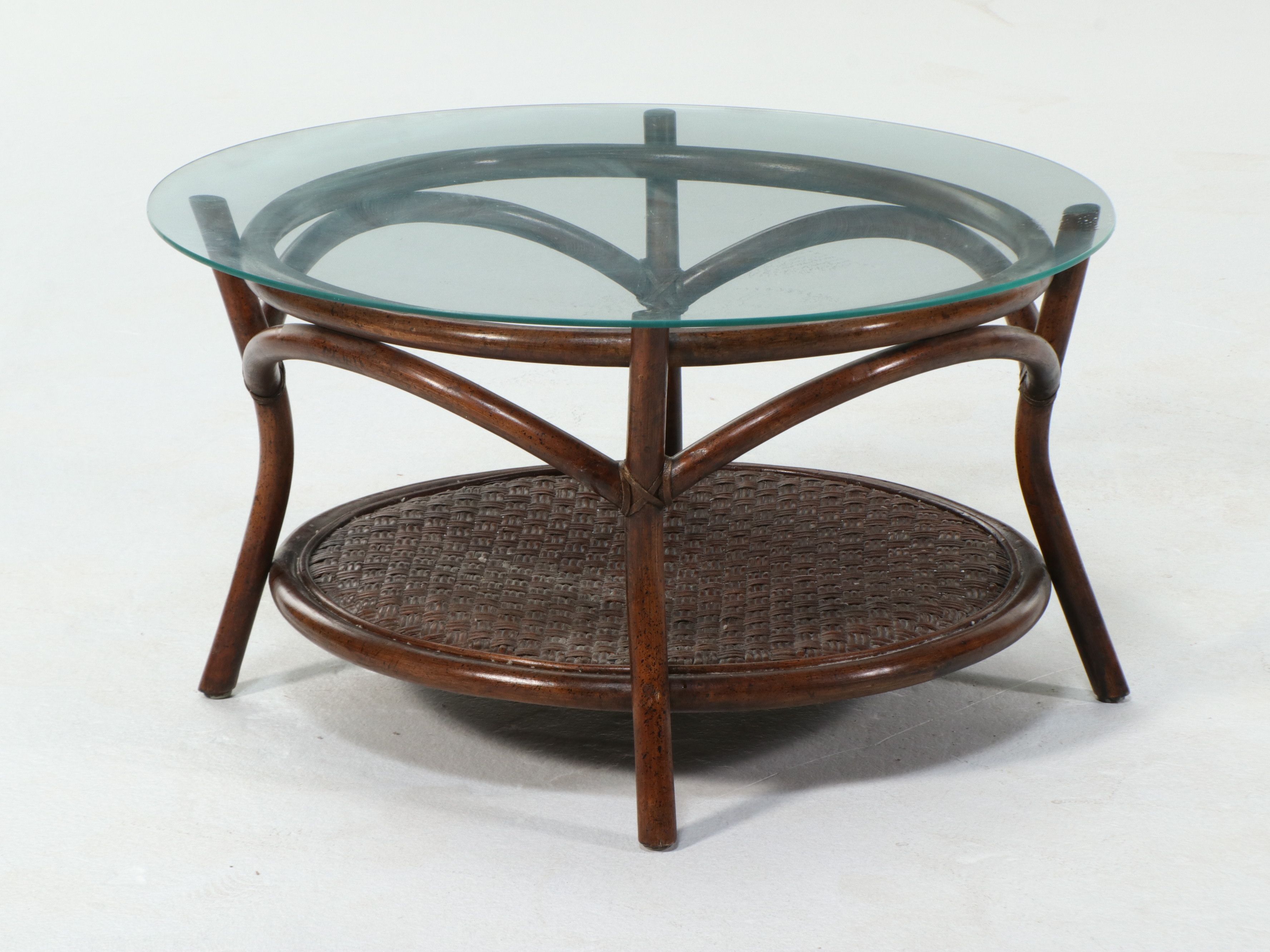 Mid Century Modern Style Round Rattan and Bamboo Coffee Table, Circa 1970