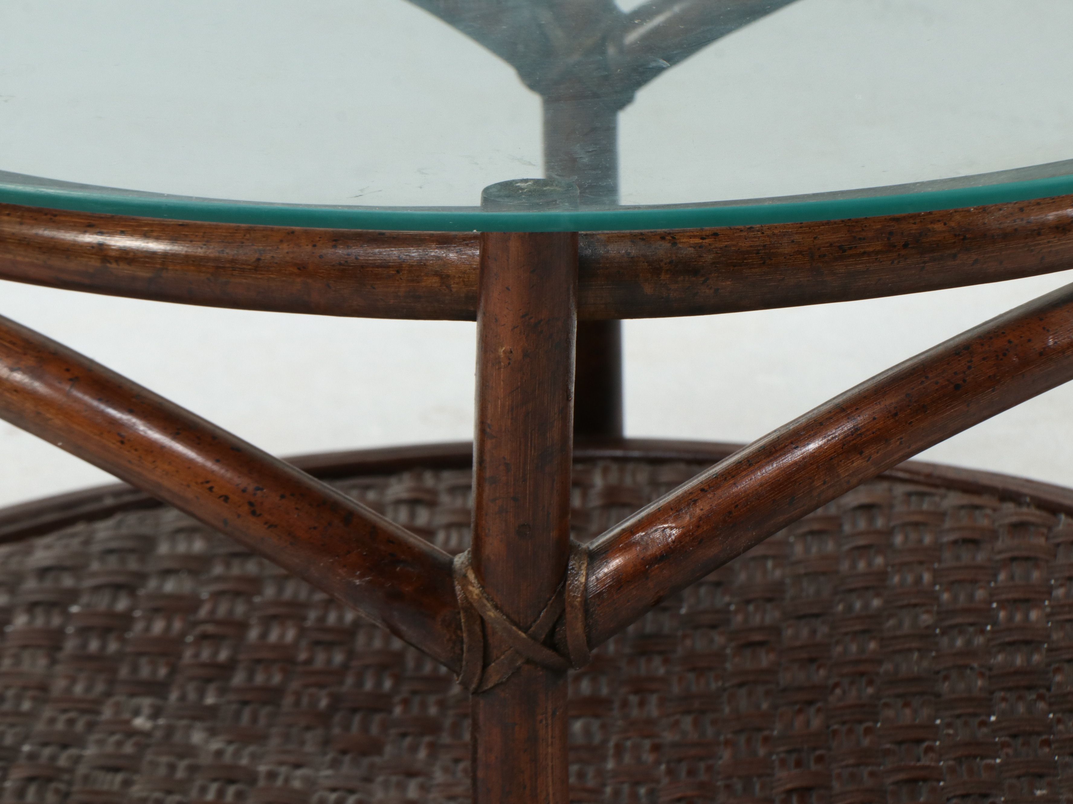 Mid Century Modern Style Round Rattan and Bamboo Coffee Table, Circa 1970