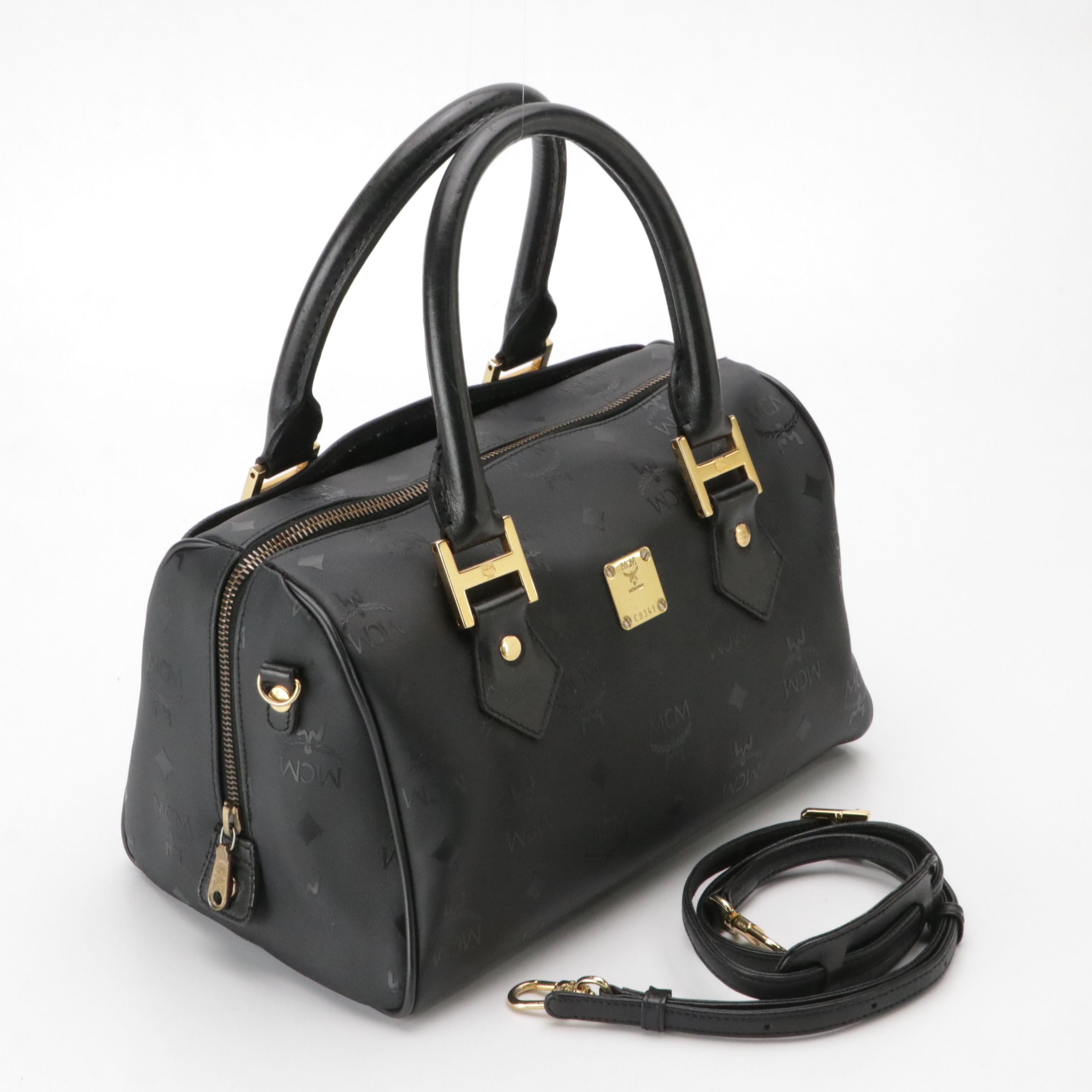 MCM Two-Way Boston Bag in Black Visetos Nylon Canvas and Leather Trim