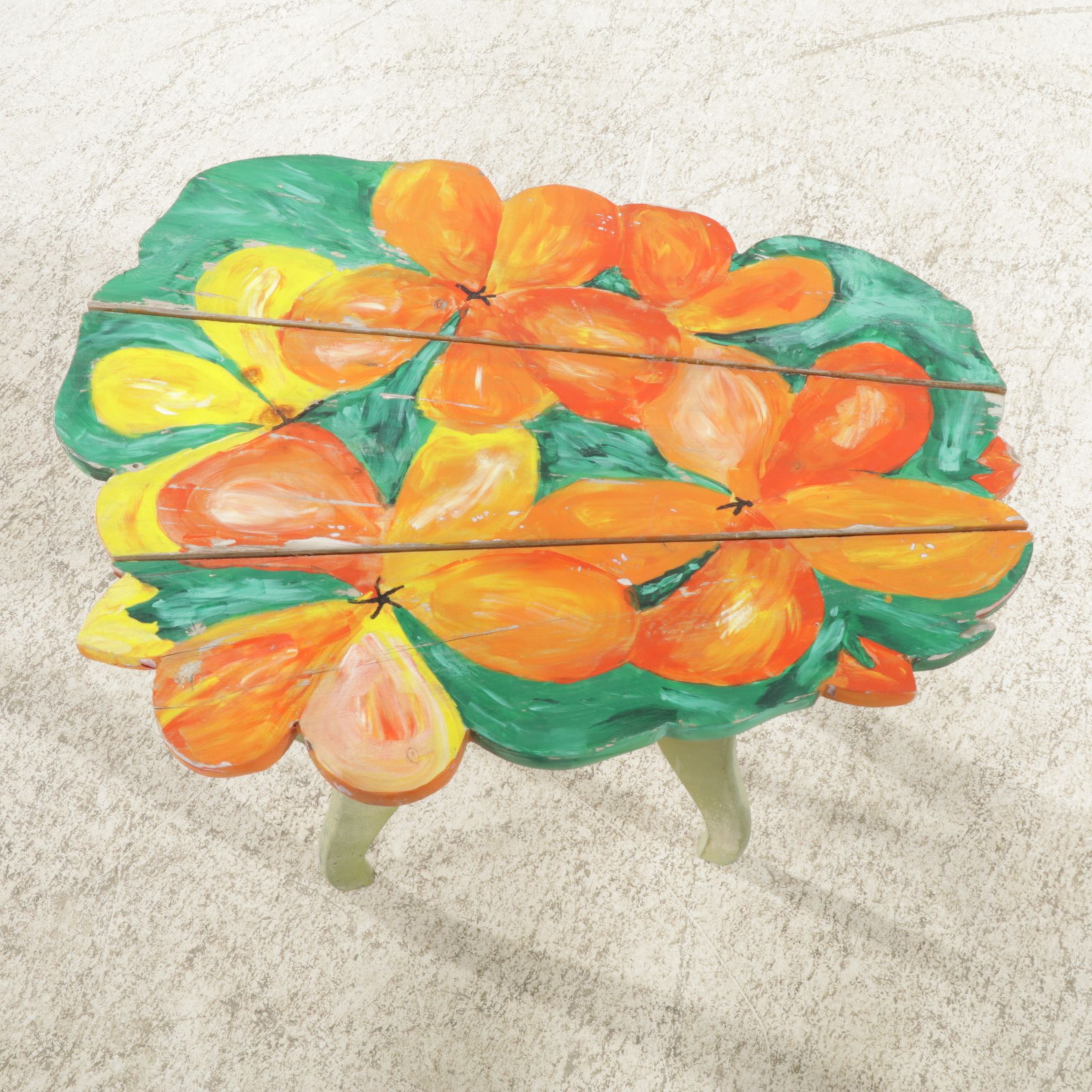 Rustic Hand-Painted Pine Floral Accent Table