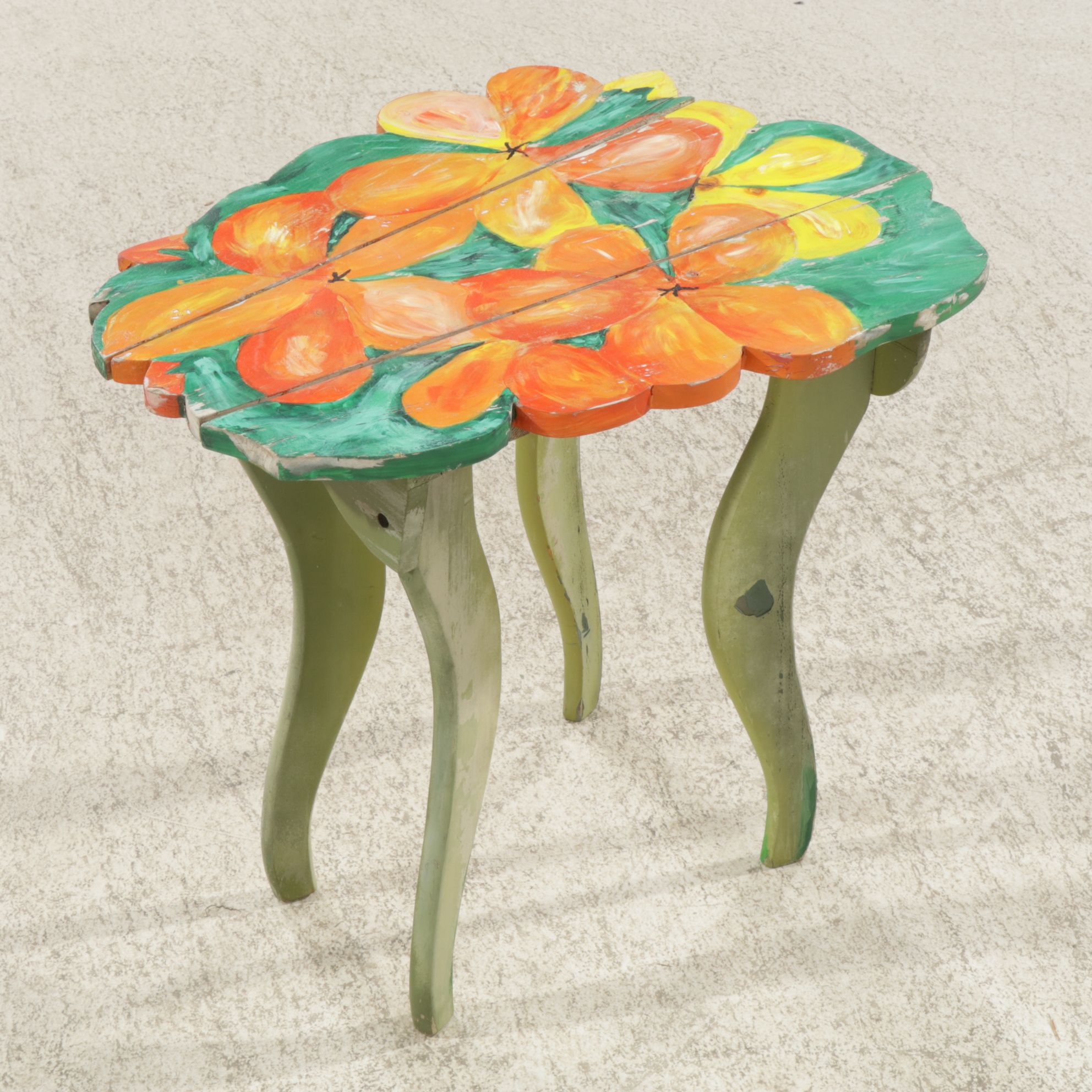 Rustic Hand-Painted Pine Floral Accent Table