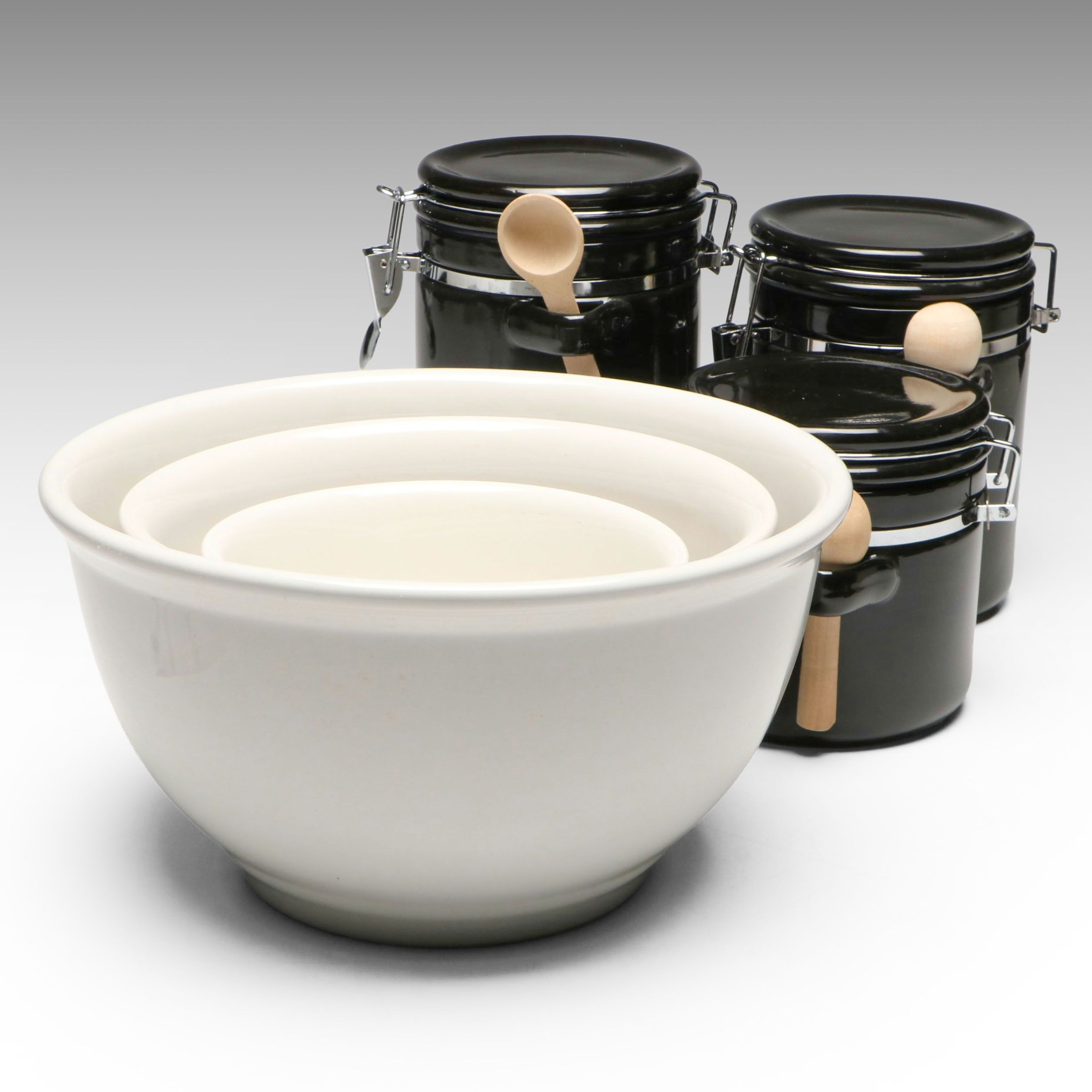 Belagio Pottery Ceramic Stacking Mixing Bowls and Canister Set with Wood Spoons