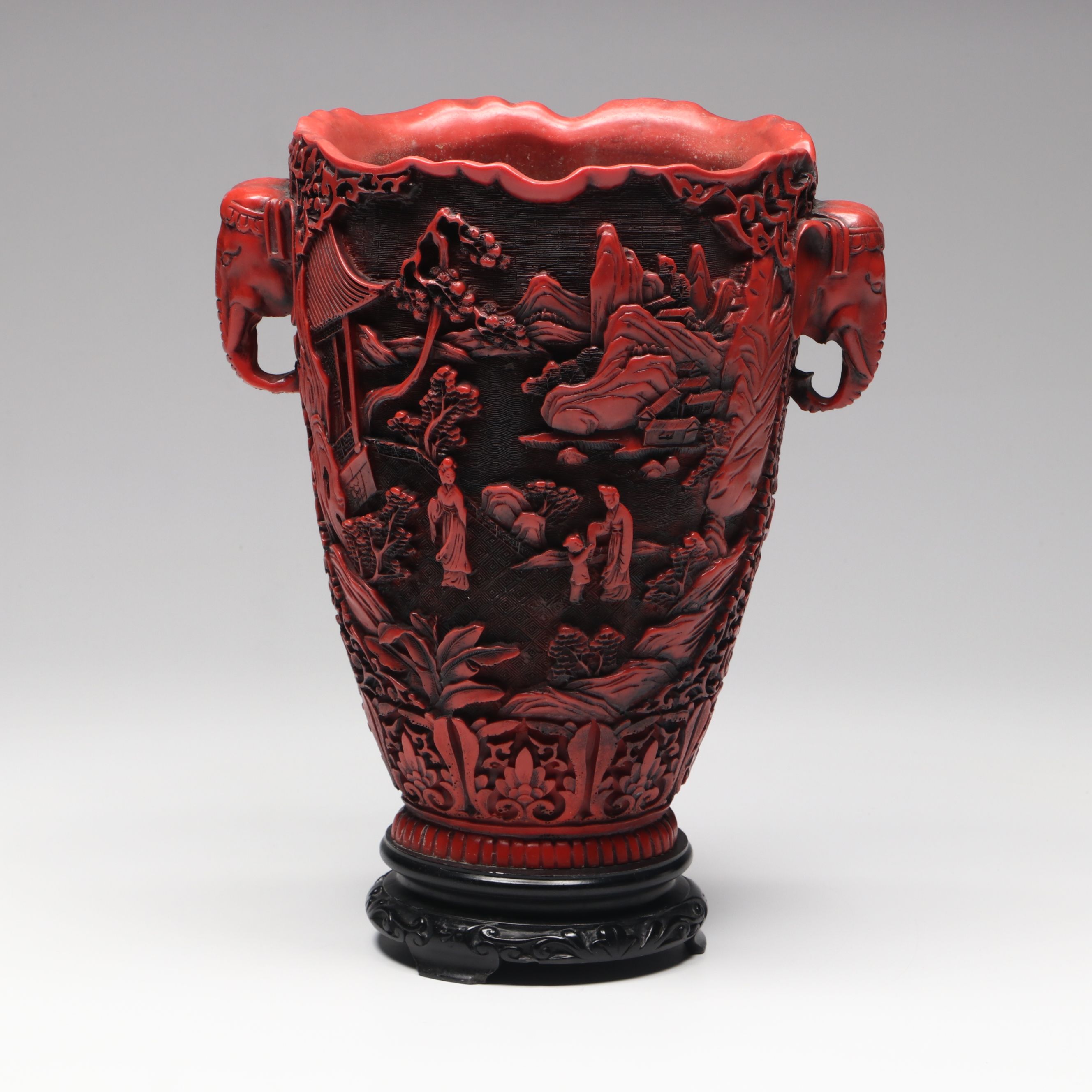 Chinese Cinnabar Style Carved Landscape with Elephant Handles Resin Vase