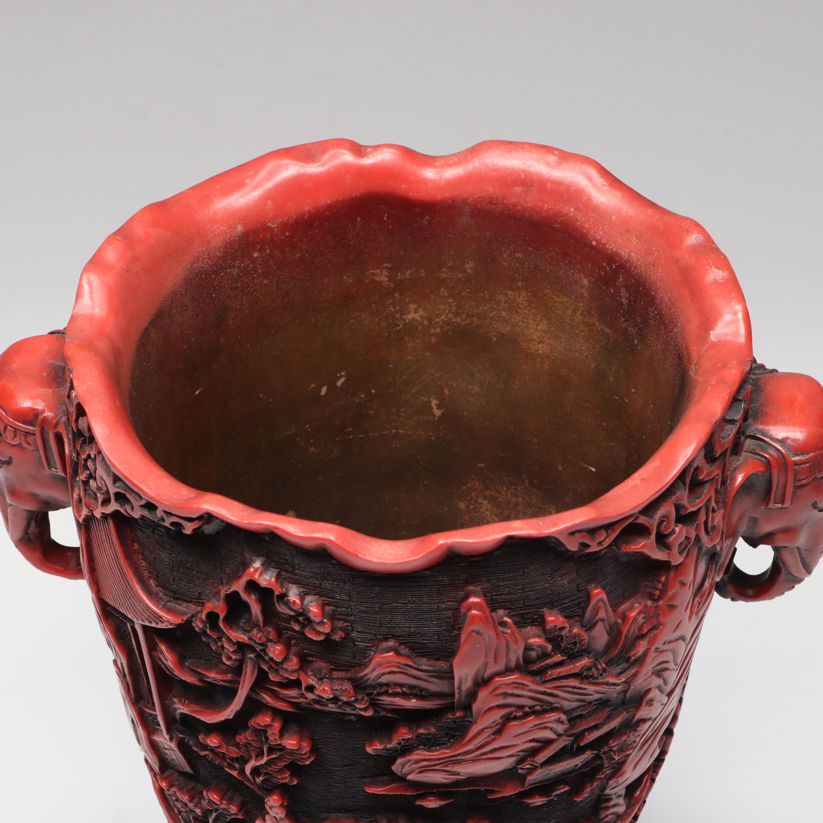 Chinese Cinnabar Style Carved Landscape with Elephant Handles Resin Vase
