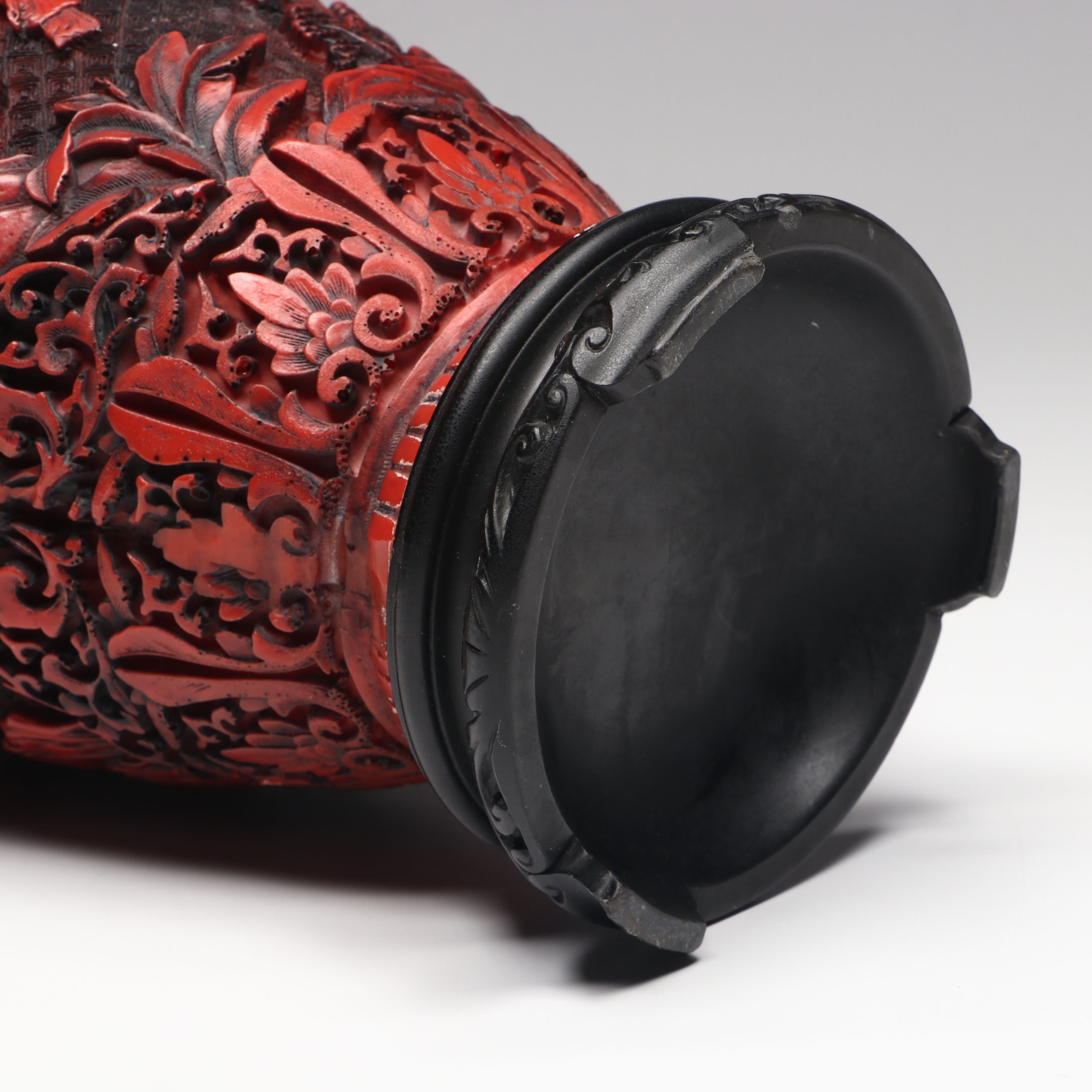 Chinese Cinnabar Style Carved Landscape with Elephant Handles Resin Vase