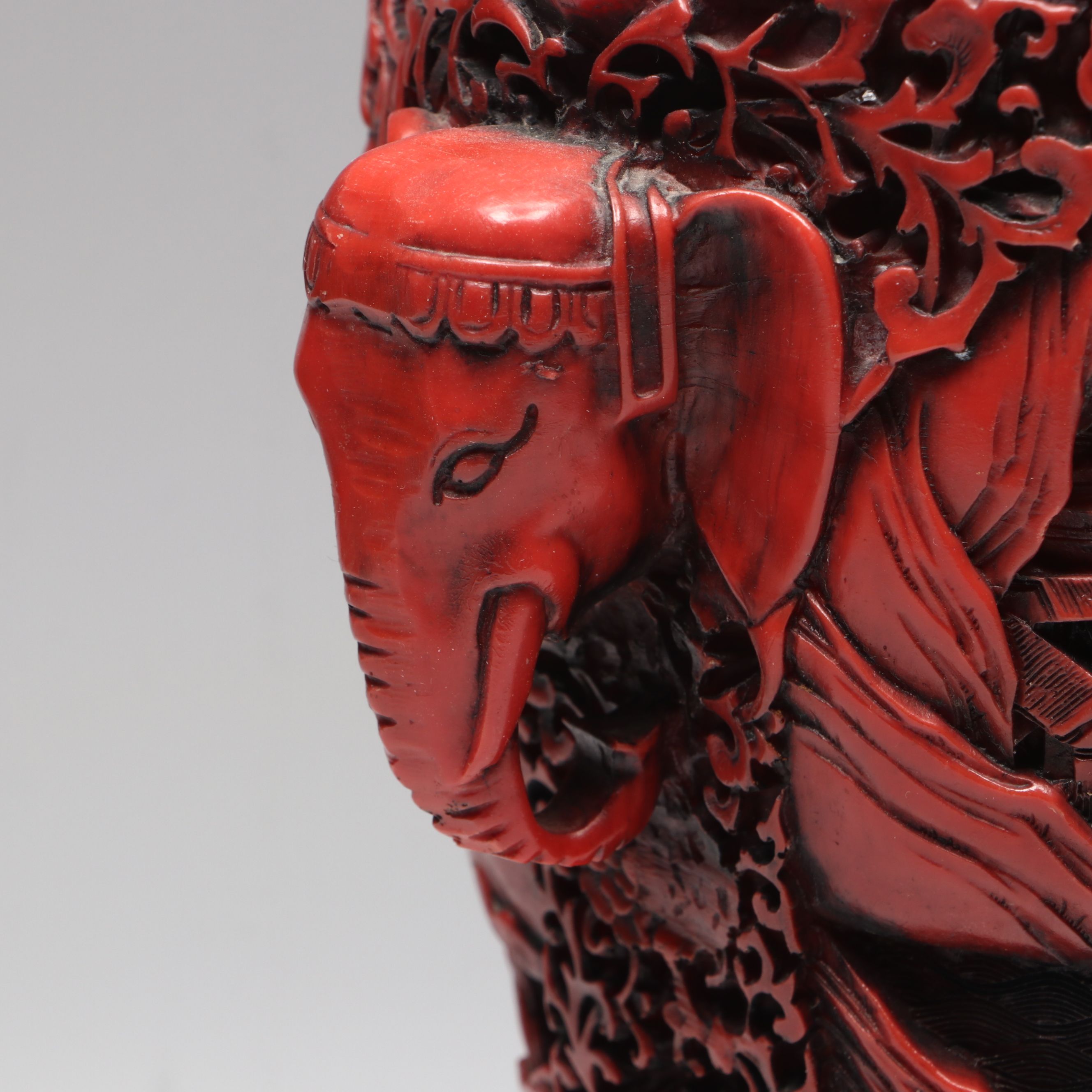Chinese Cinnabar Style Carved Landscape with Elephant Handles Resin Vase