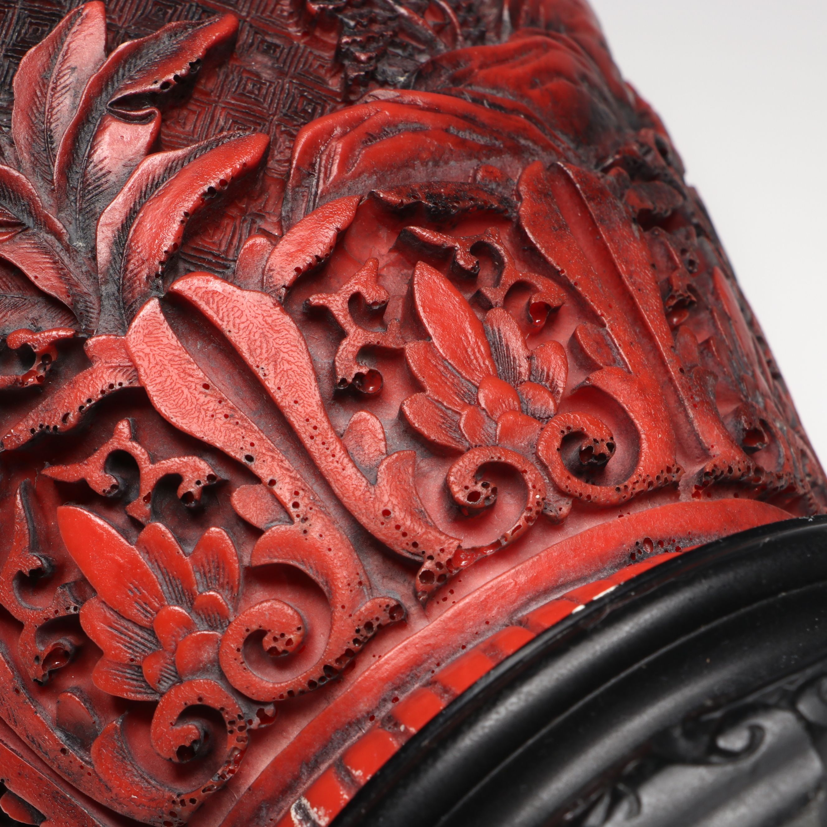 Chinese Cinnabar Style Carved Landscape with Elephant Handles Resin Vase