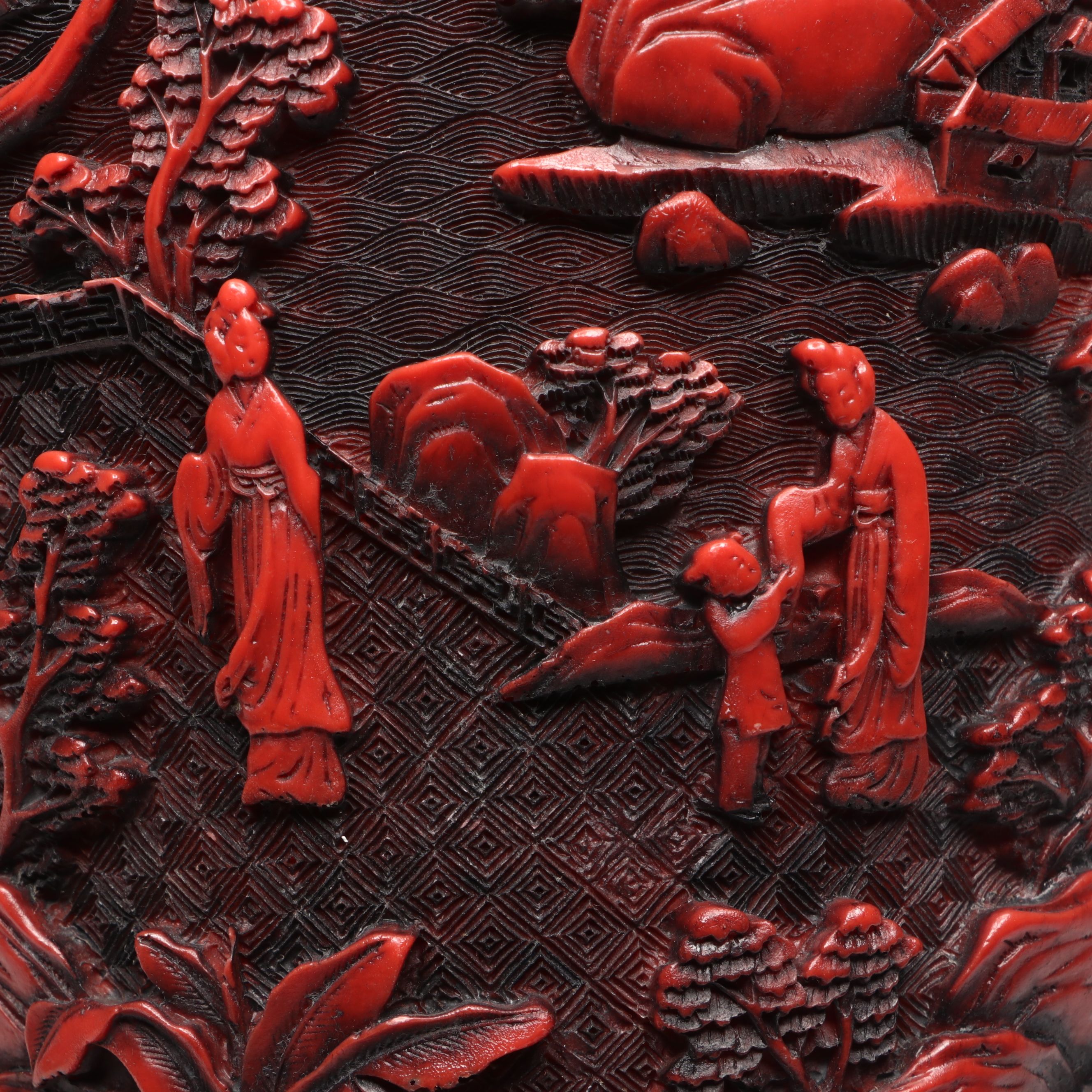 Chinese Cinnabar Style Carved Landscape with Elephant Handles Resin Vase