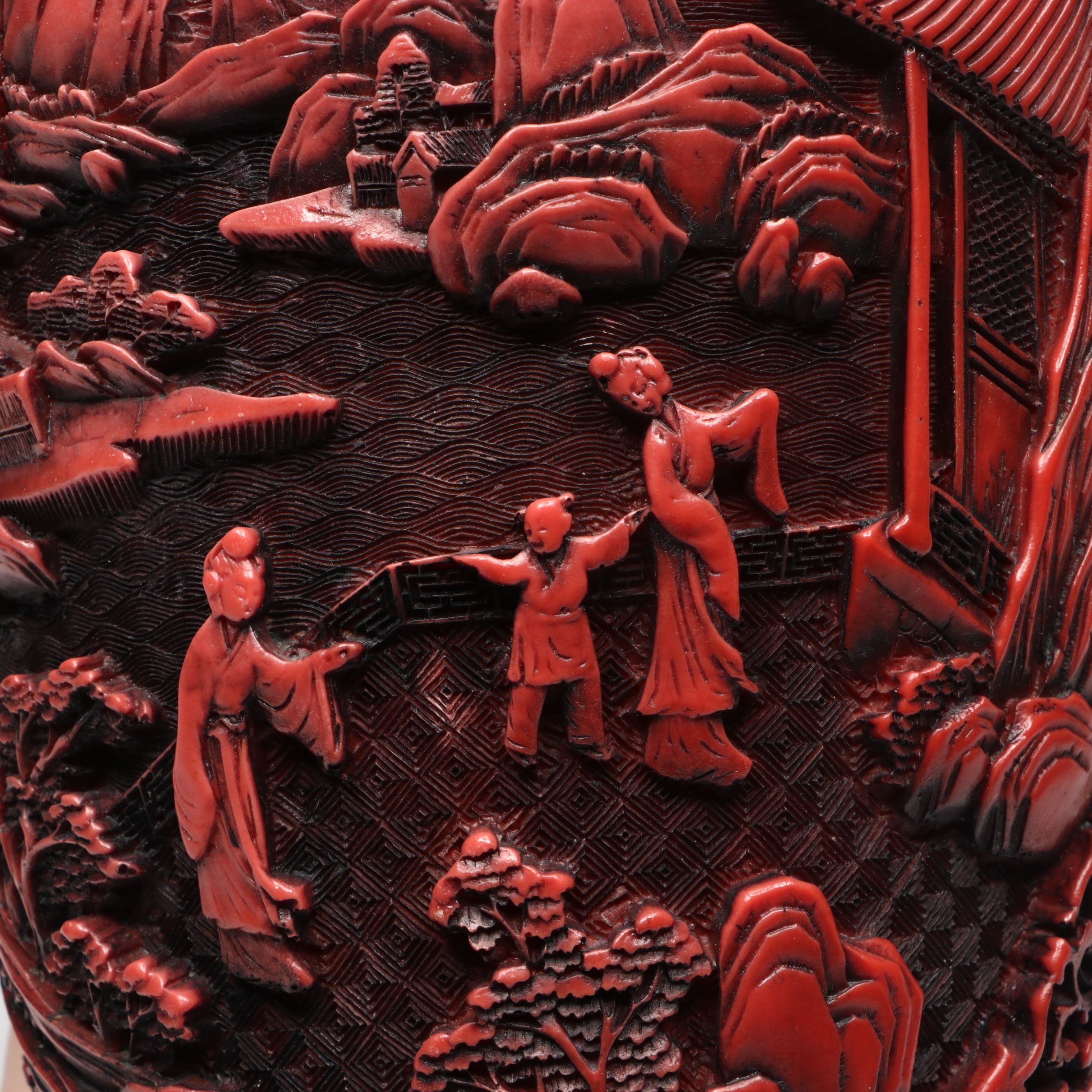 Chinese Cinnabar Style Carved Landscape with Elephant Handles Resin Vase
