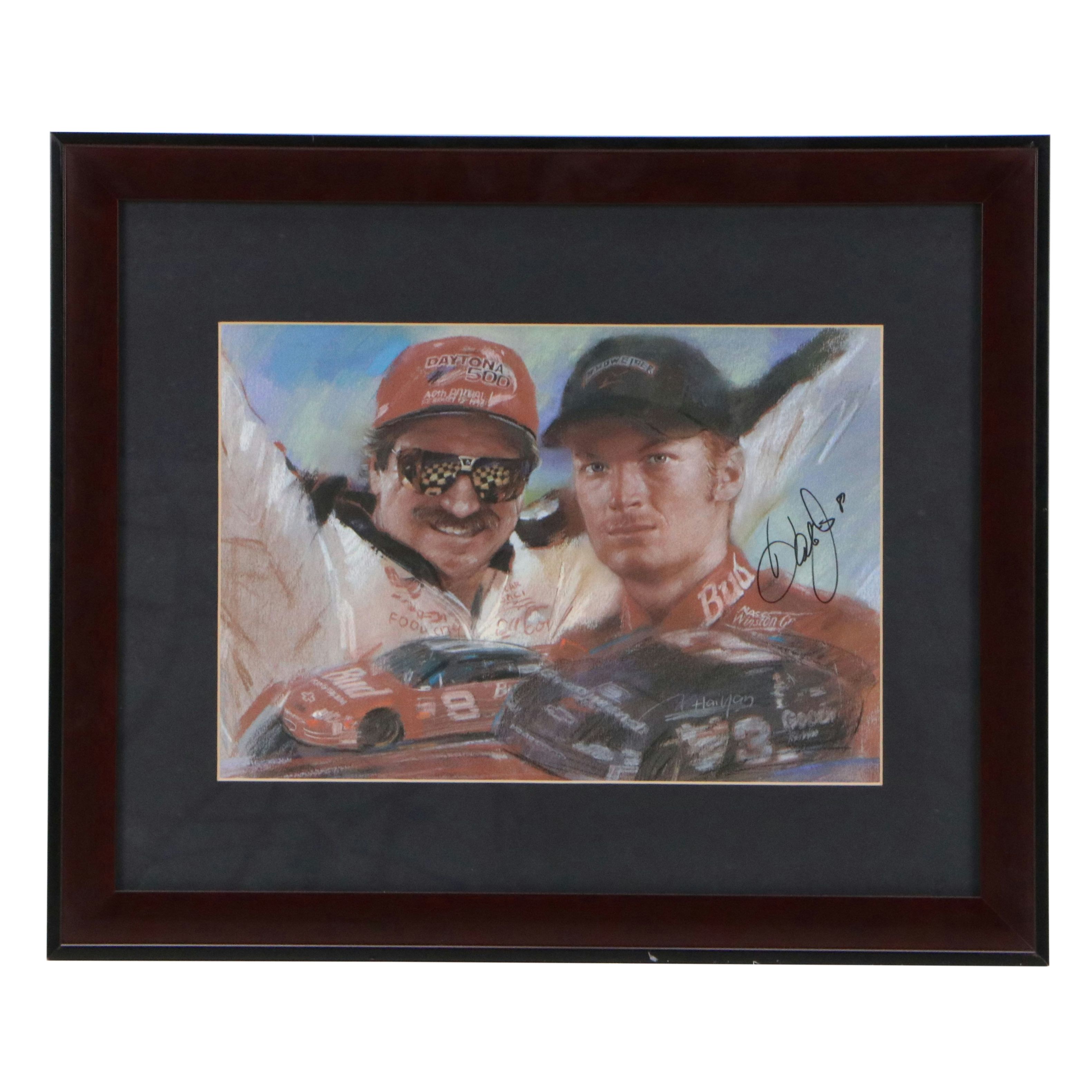 Signed Offset Lithograph of Dale Earnhardt Jr. and Sr., Late 20th Century