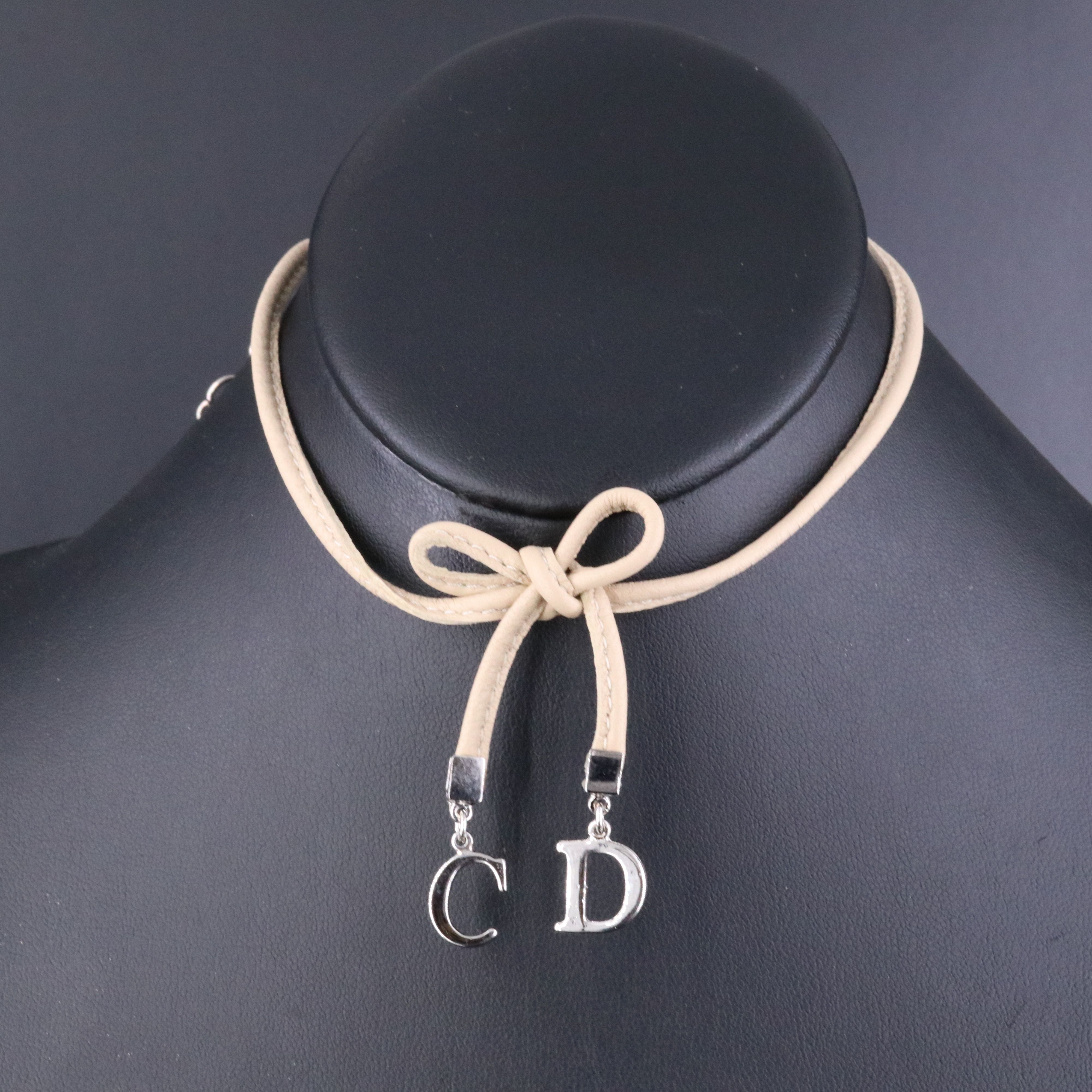 Christian Dior CD Bow Leather Choker Necklace