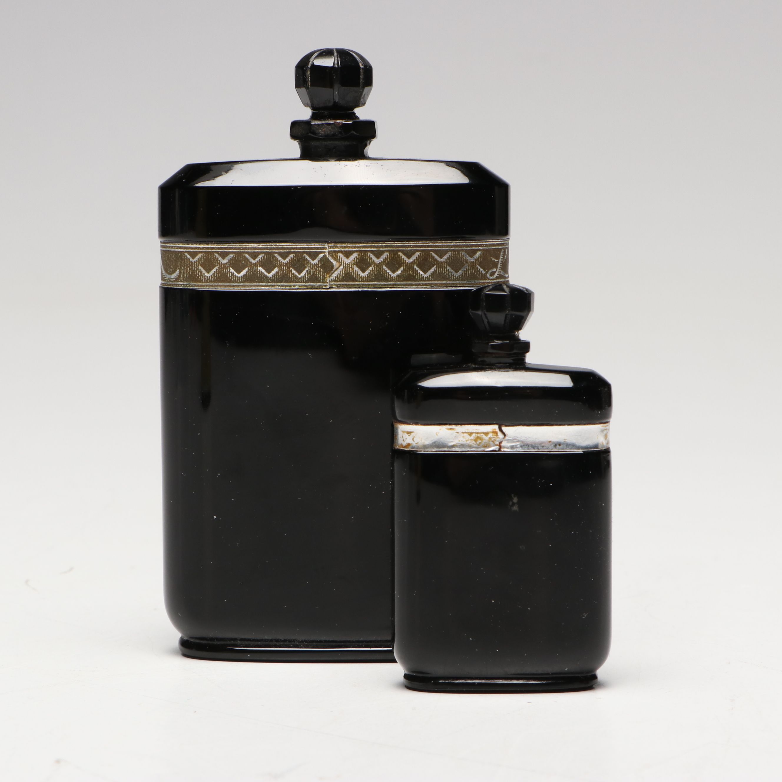 Caron France "Nuit de Noel" Black Glass Perfume Bottles, Early 20th C.